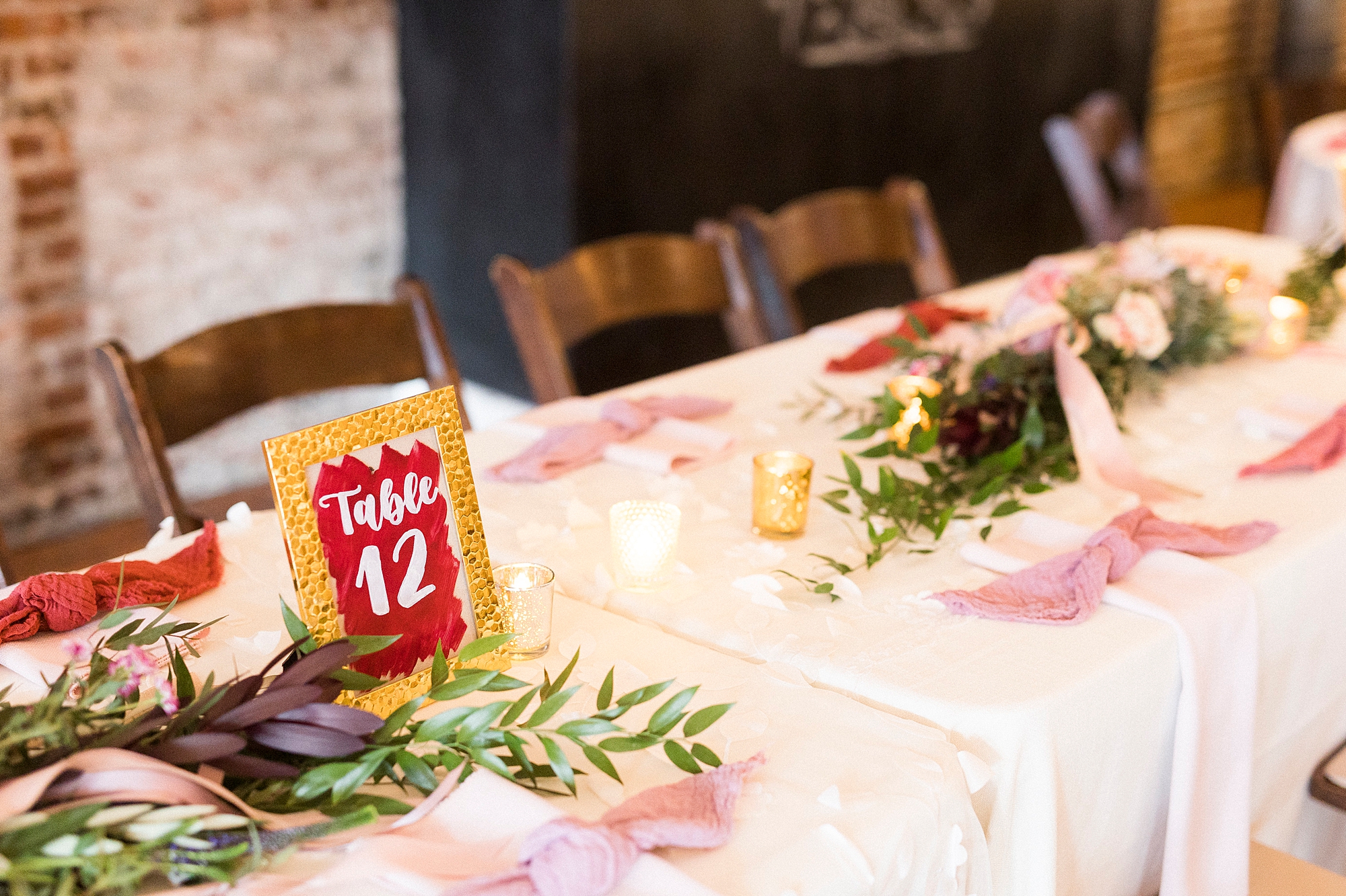 wedding reception details with pink and gold place settings