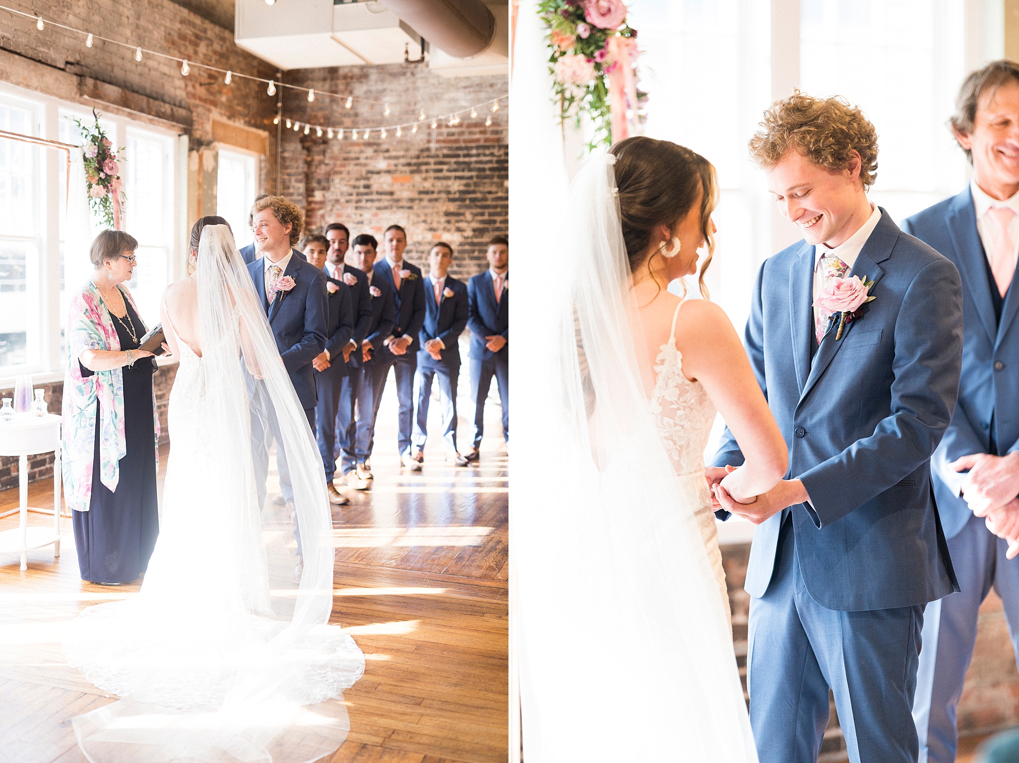 bride and groom hold hands during ceremony at the Stockroom at 230