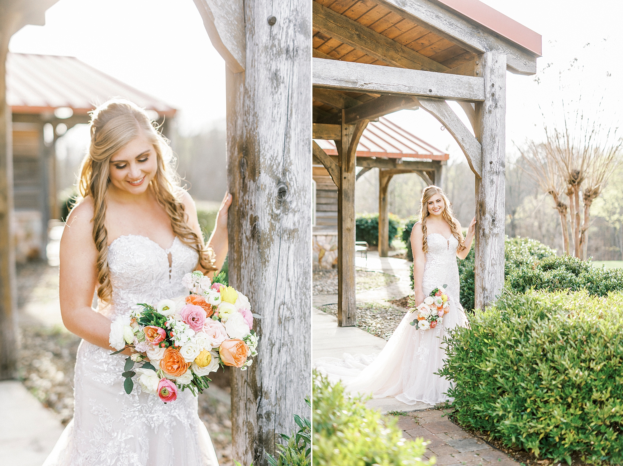 bride smiles down at colorful spring bouquet at The Stable at Riverview