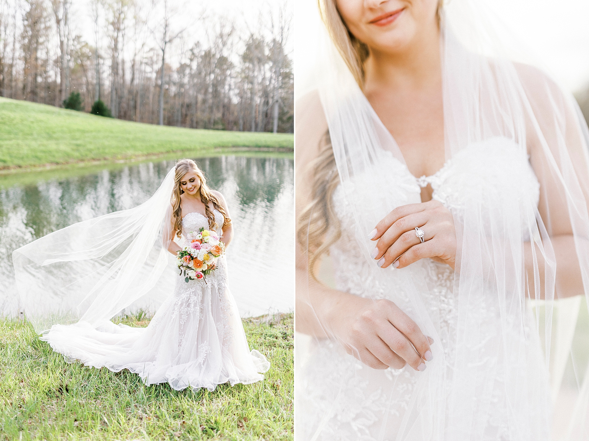 bride stands with veil over arm during bridal photos