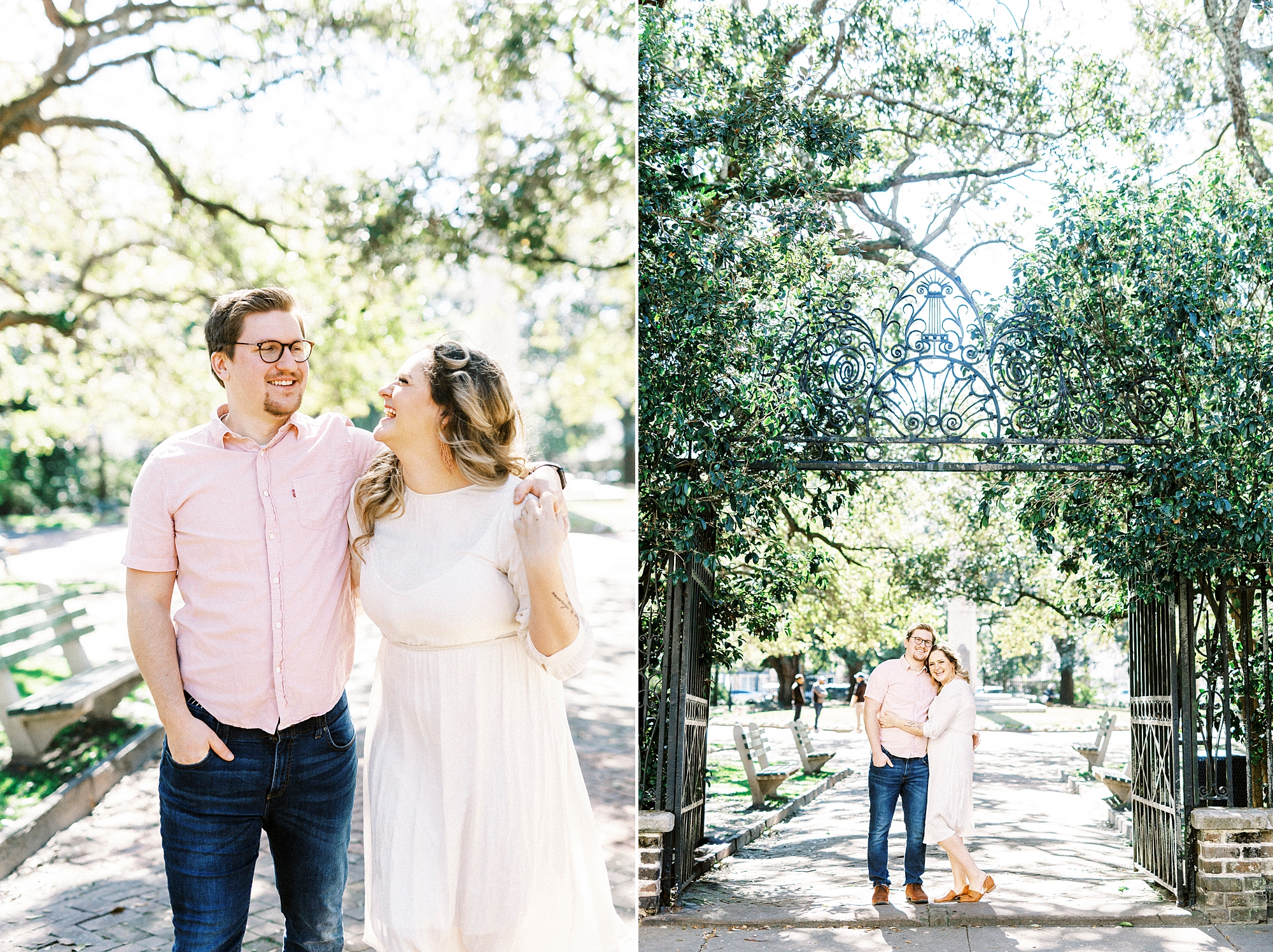 couple walks through wrought iron gate in downtown Charleston