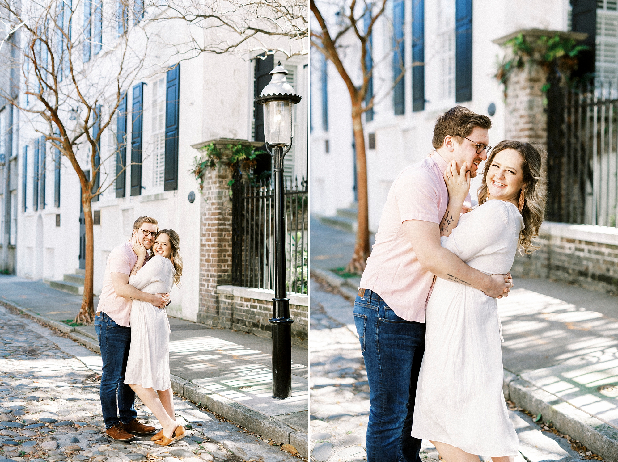 man leans into kiss wife during anniversary photos
