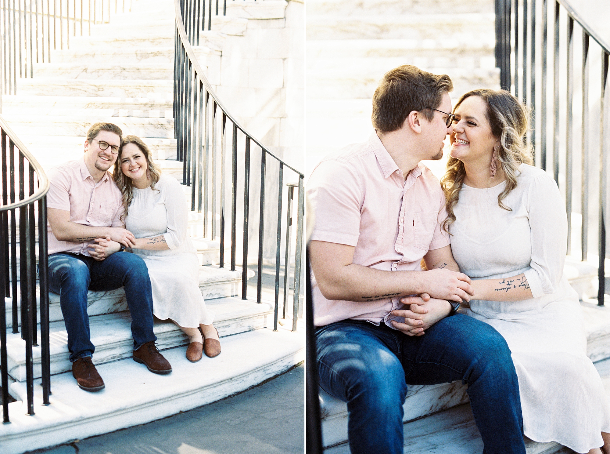 husband and wife sit on steps of historic home