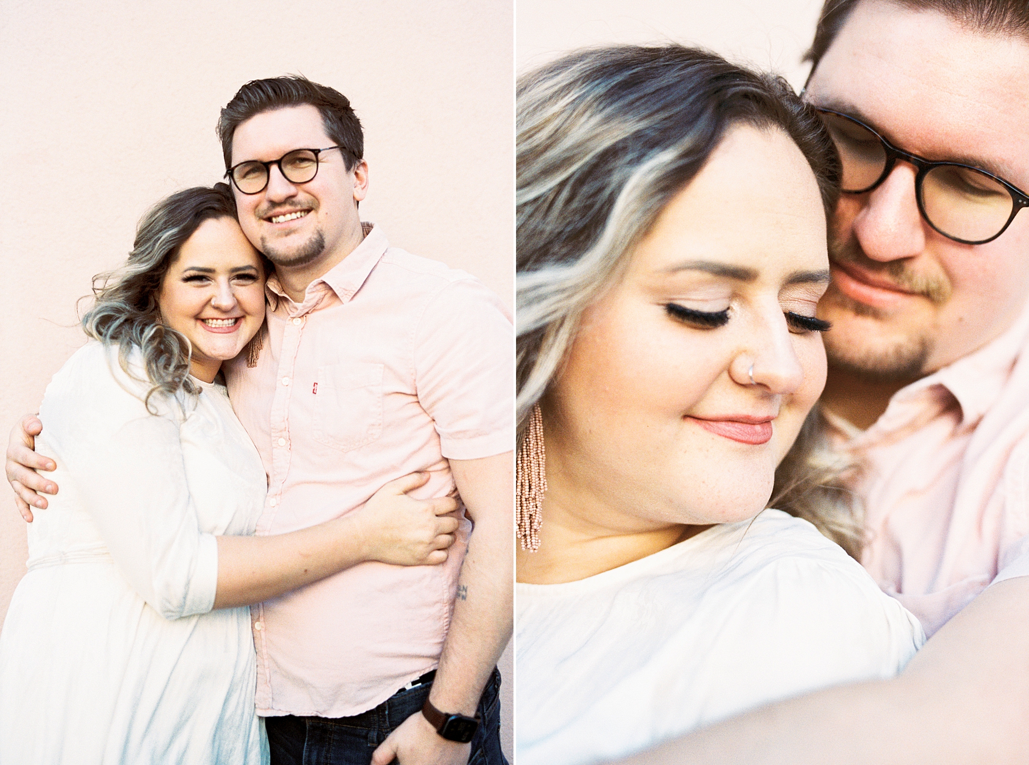 bride and groom hug against The Mills House pink wall