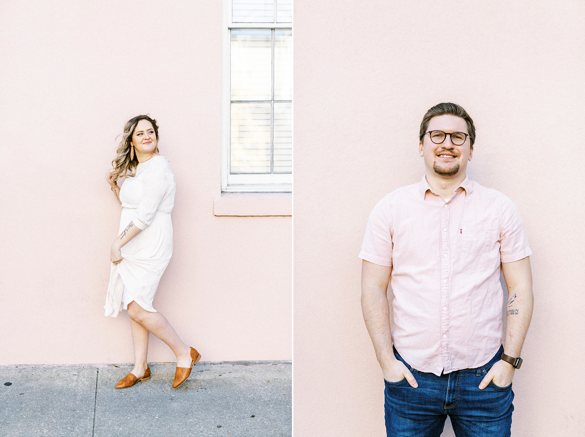 couple poses against pink wall of the Mills House
