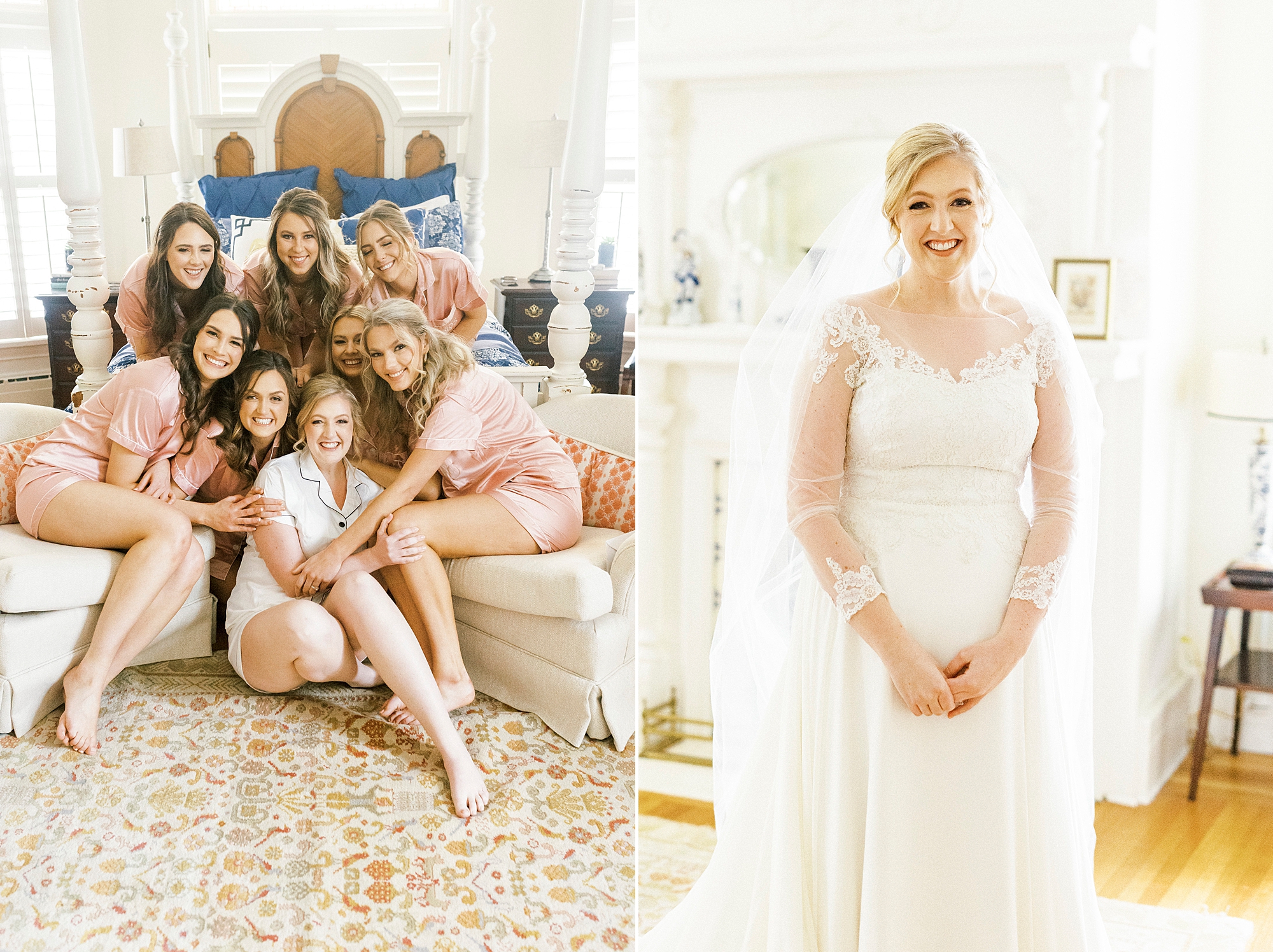 bride prepares with bridesmaids for spring wedding day