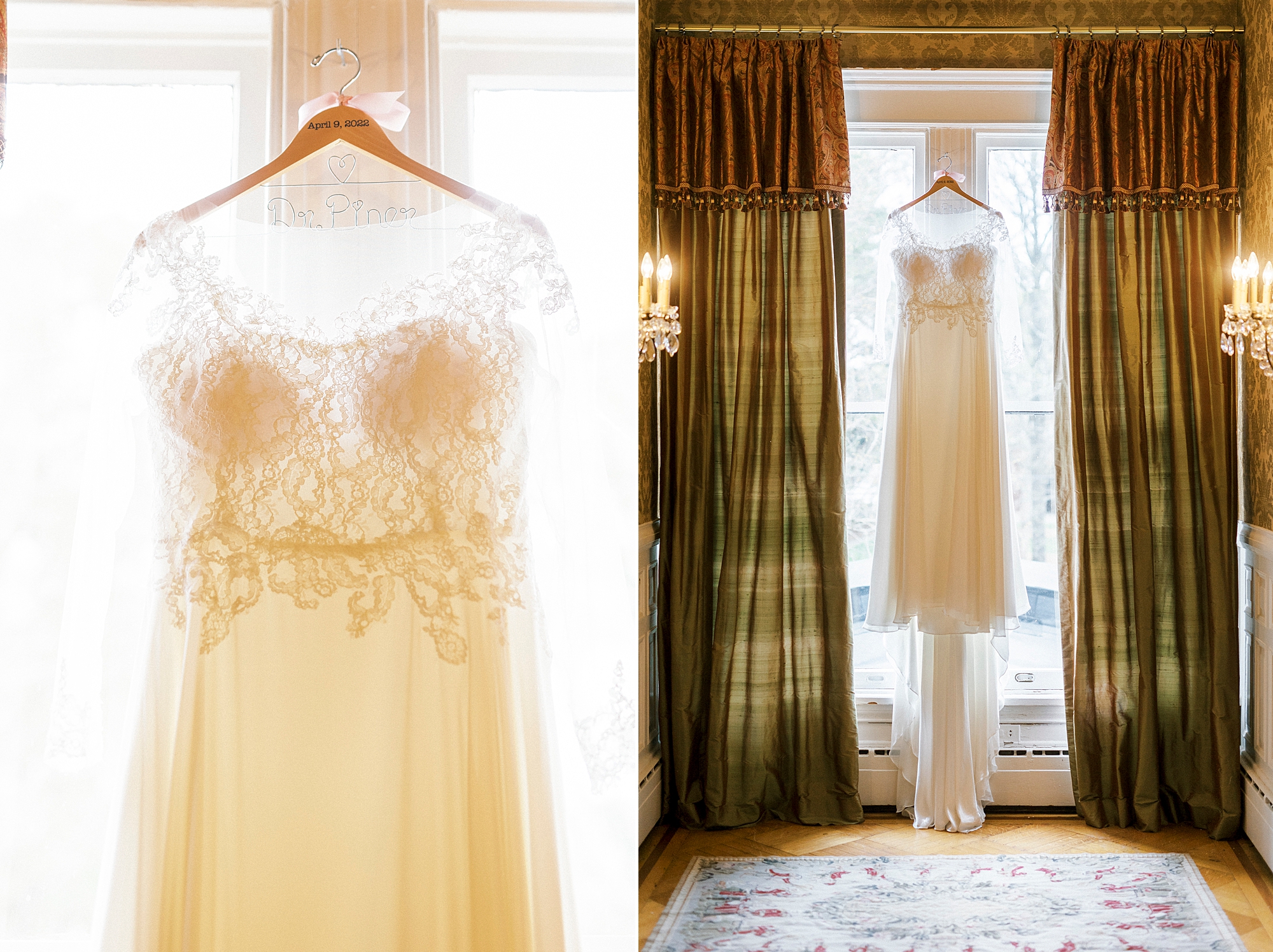 bride's gown hangs in the window of NC hotel