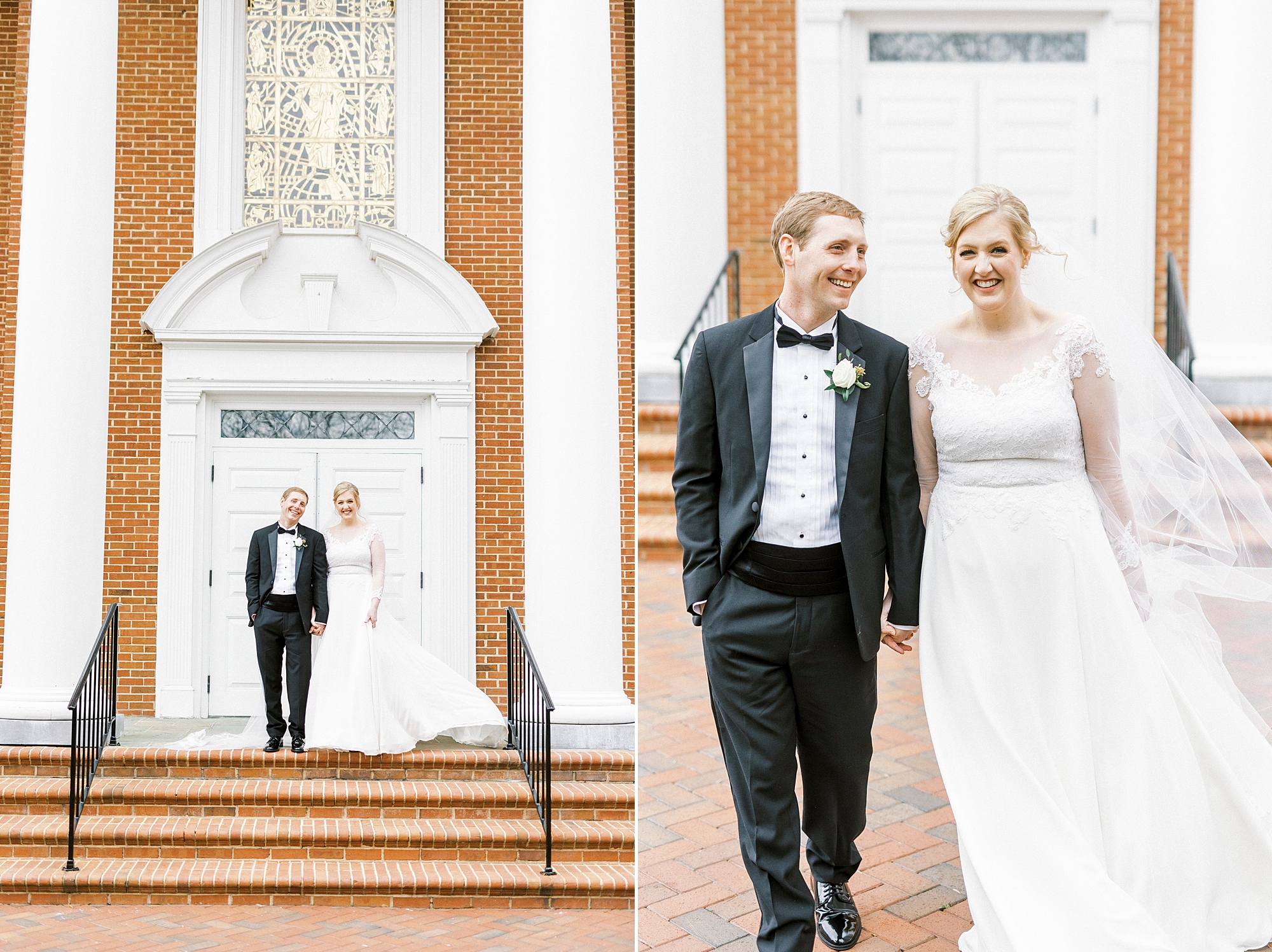 newlyweds walk down steps of historic church