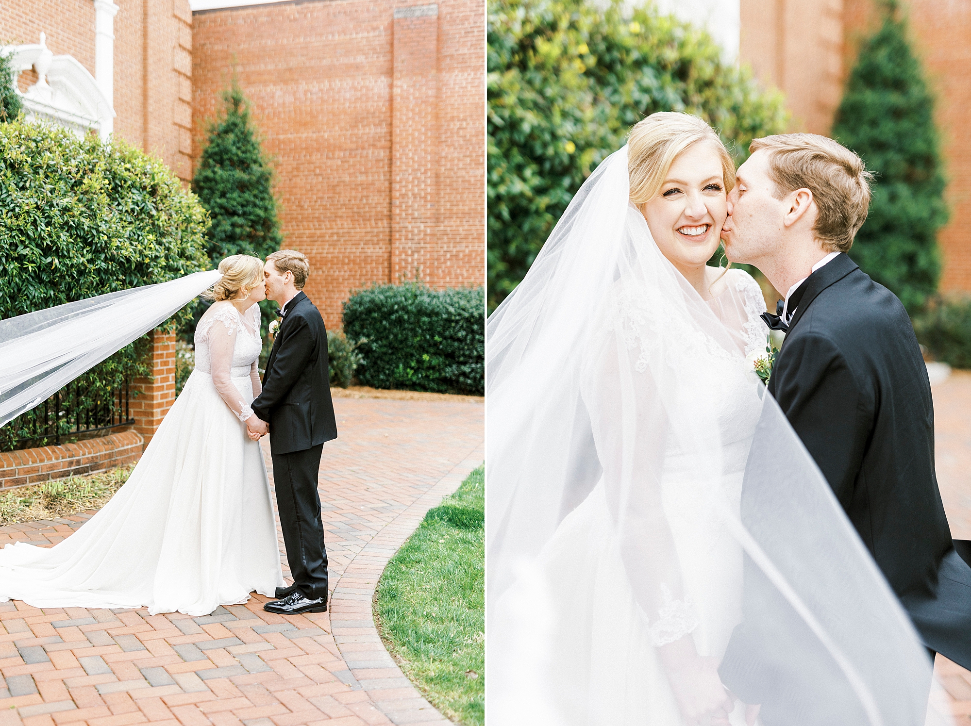 groom kisses the bride's cheek during NC wedding photos