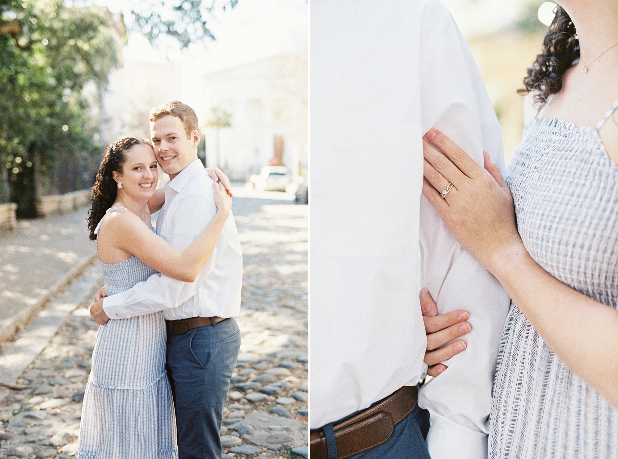woman holds husband's arm during anniversary session