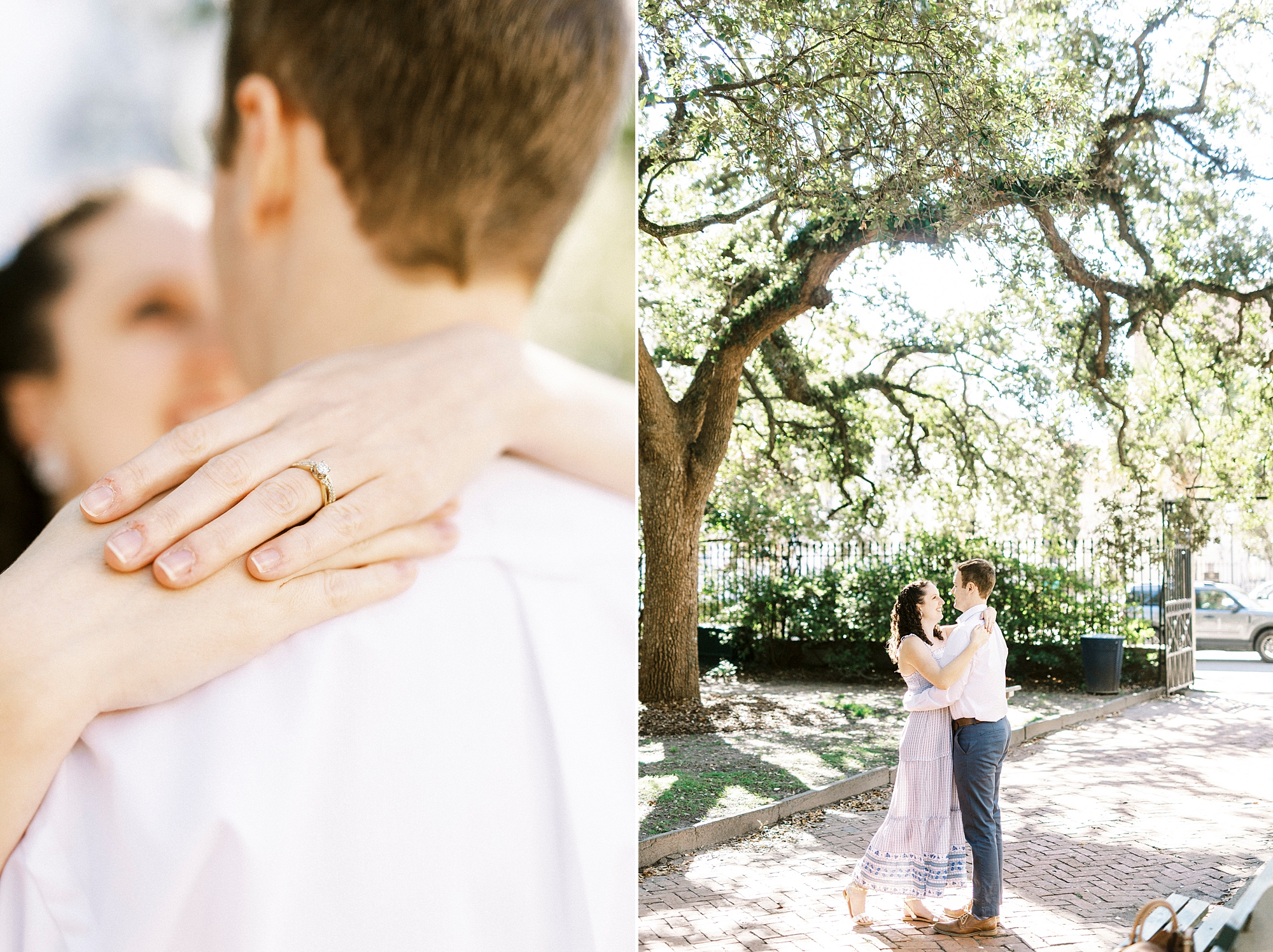 couple hugs under trees in Washington Park