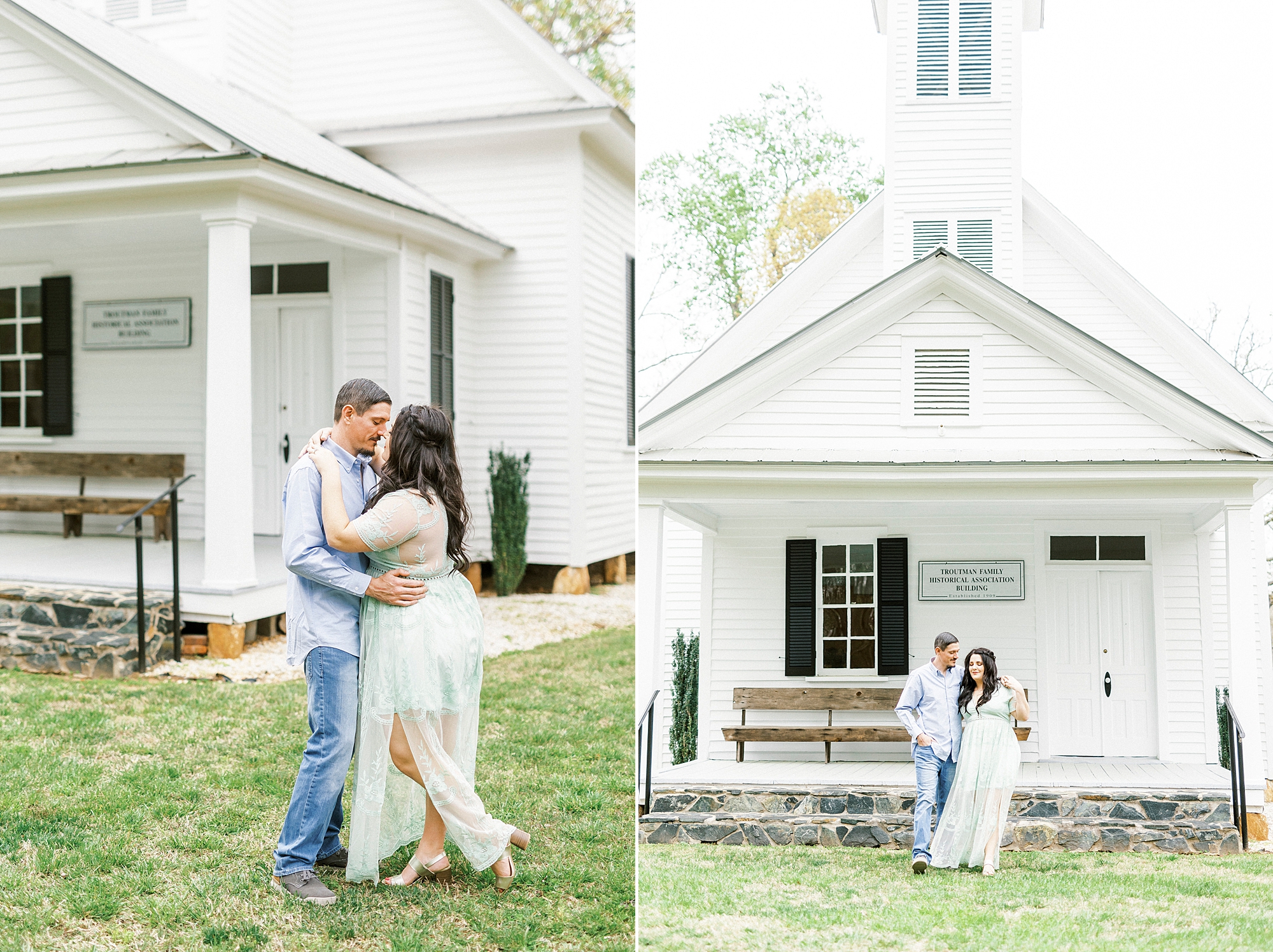 bride and groom smile outside white chapel in Troutman NC