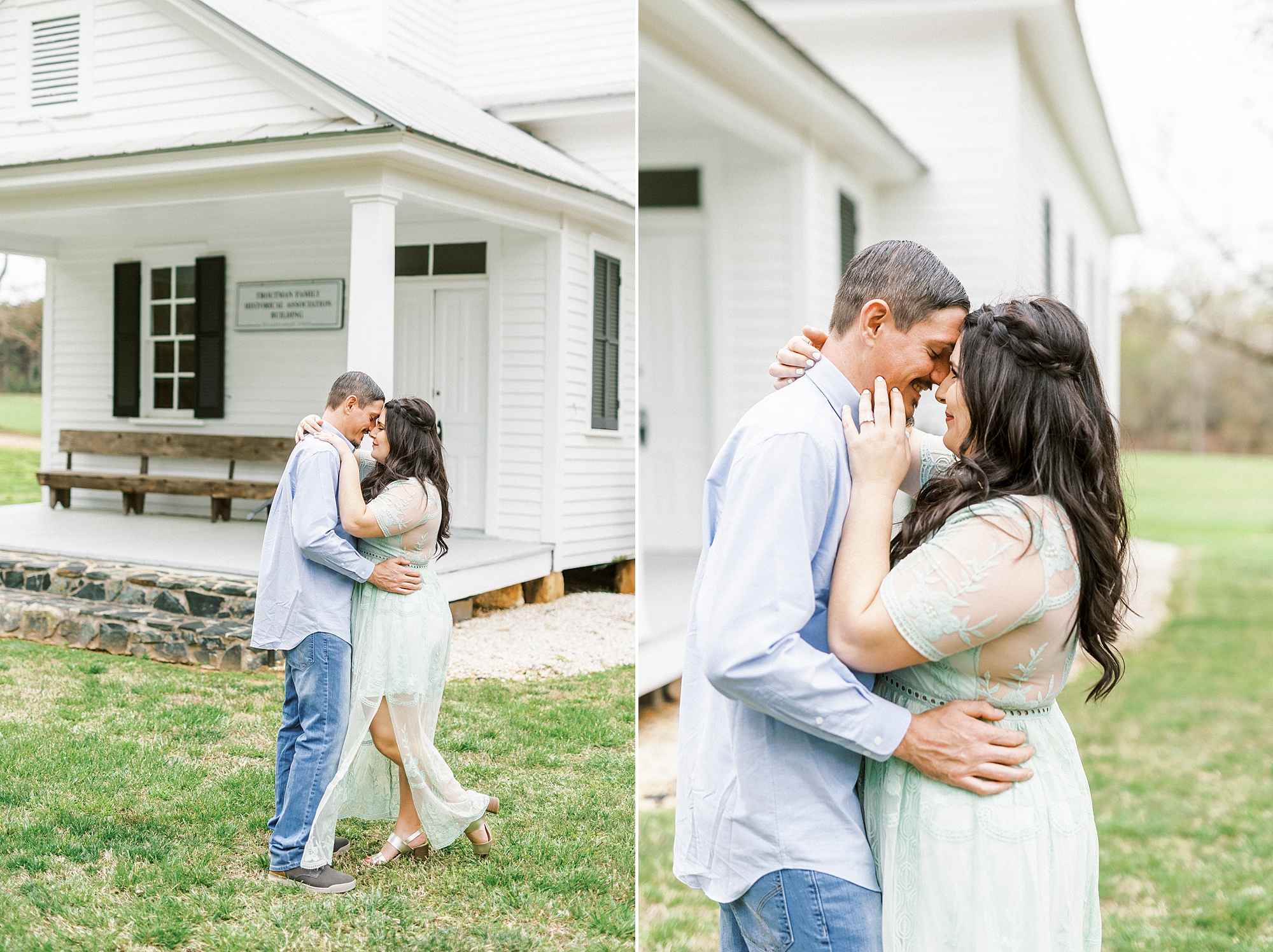 couple hugs outside white chapel in NC