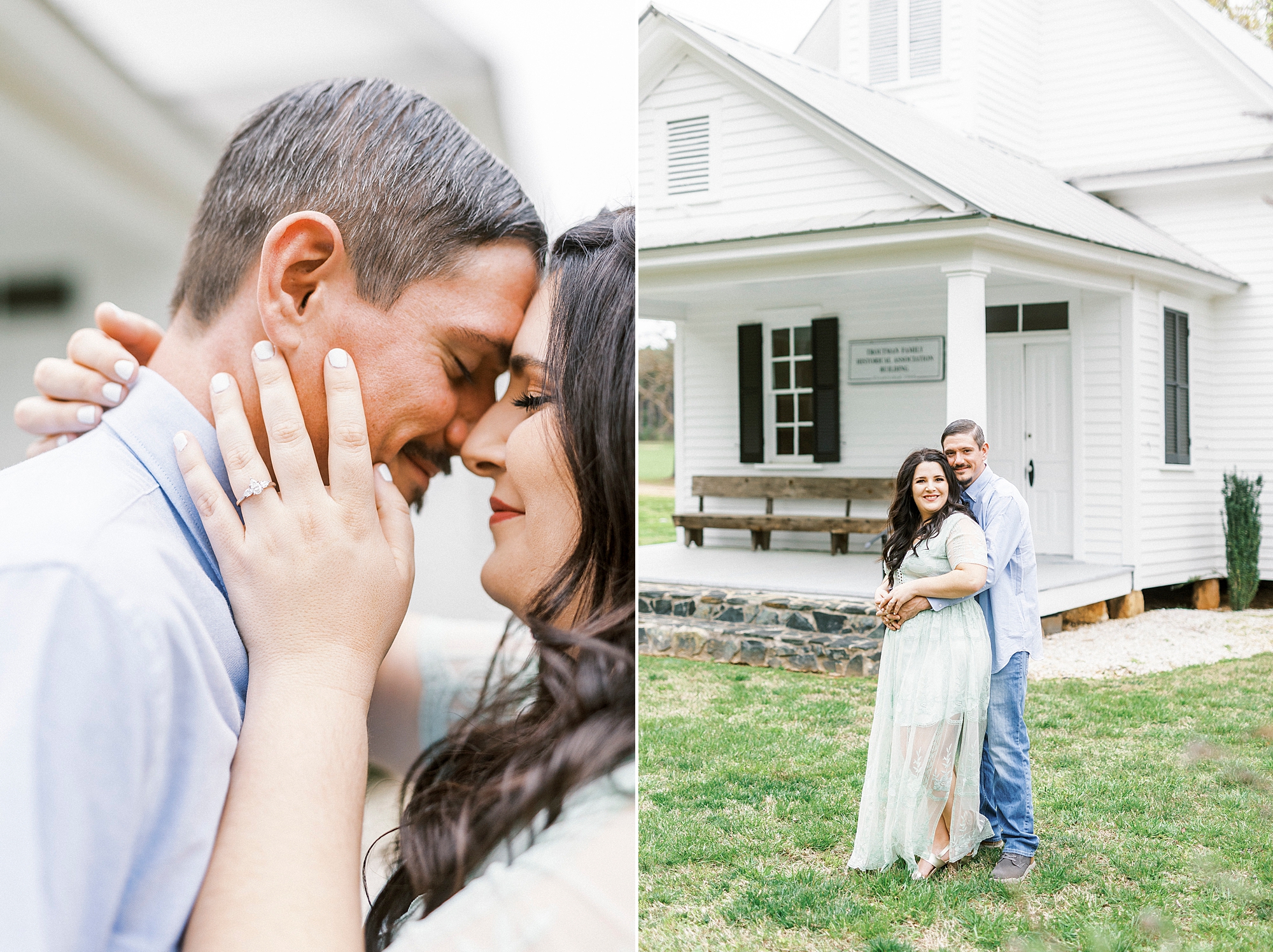 couple snuggles outside white chapel in Troutman NC