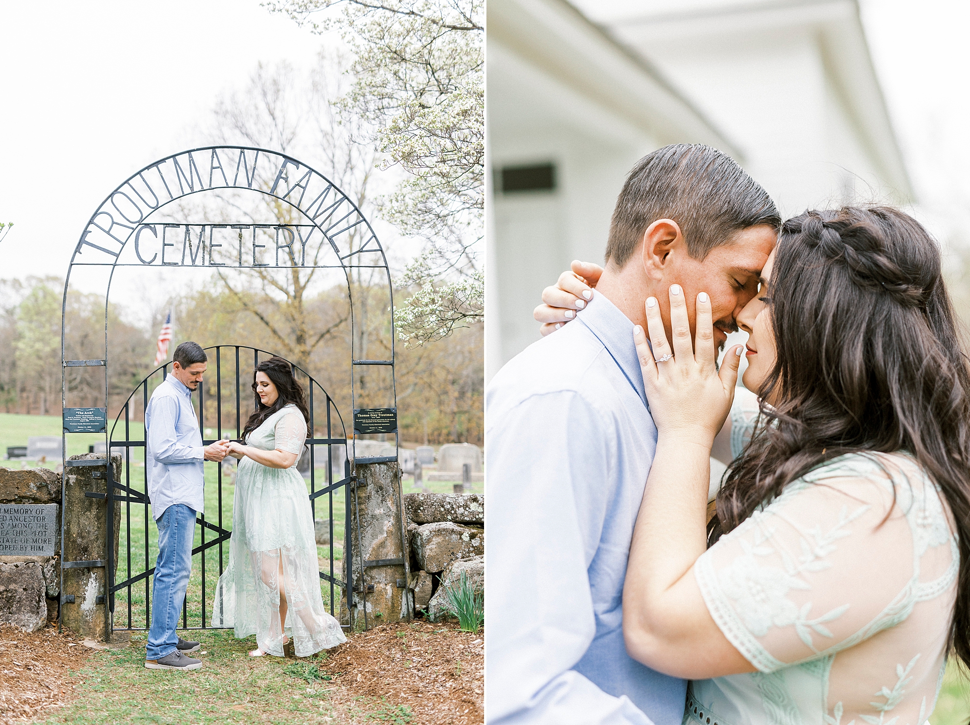 couple poses outside cemetery gate 