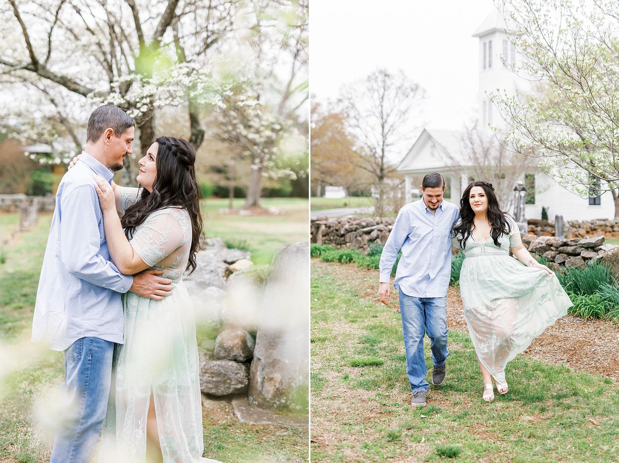 engaged couple walks through yards of white chapel in Troutman NC