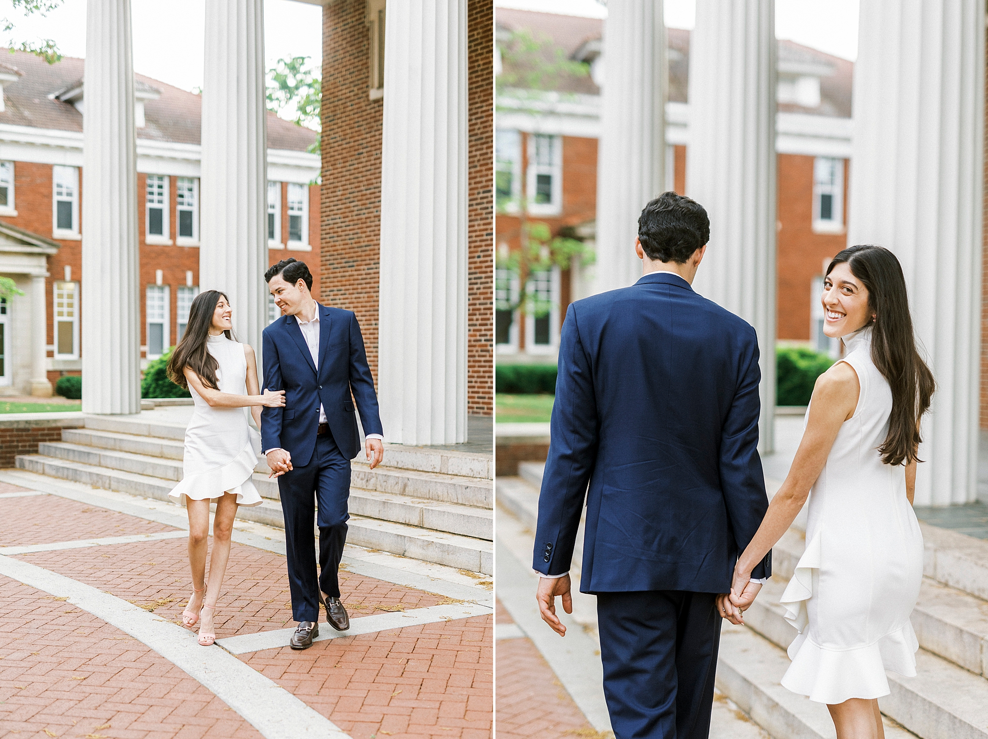 bride and gorom hold hands walking outside building with pillars at Queens University