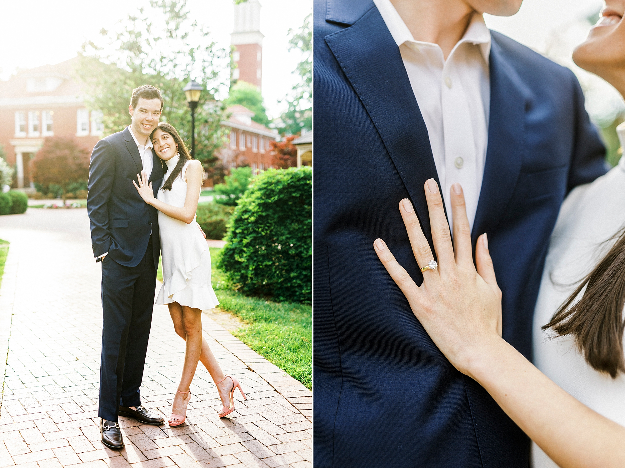 bride holds groom's chest showing off engagement ring