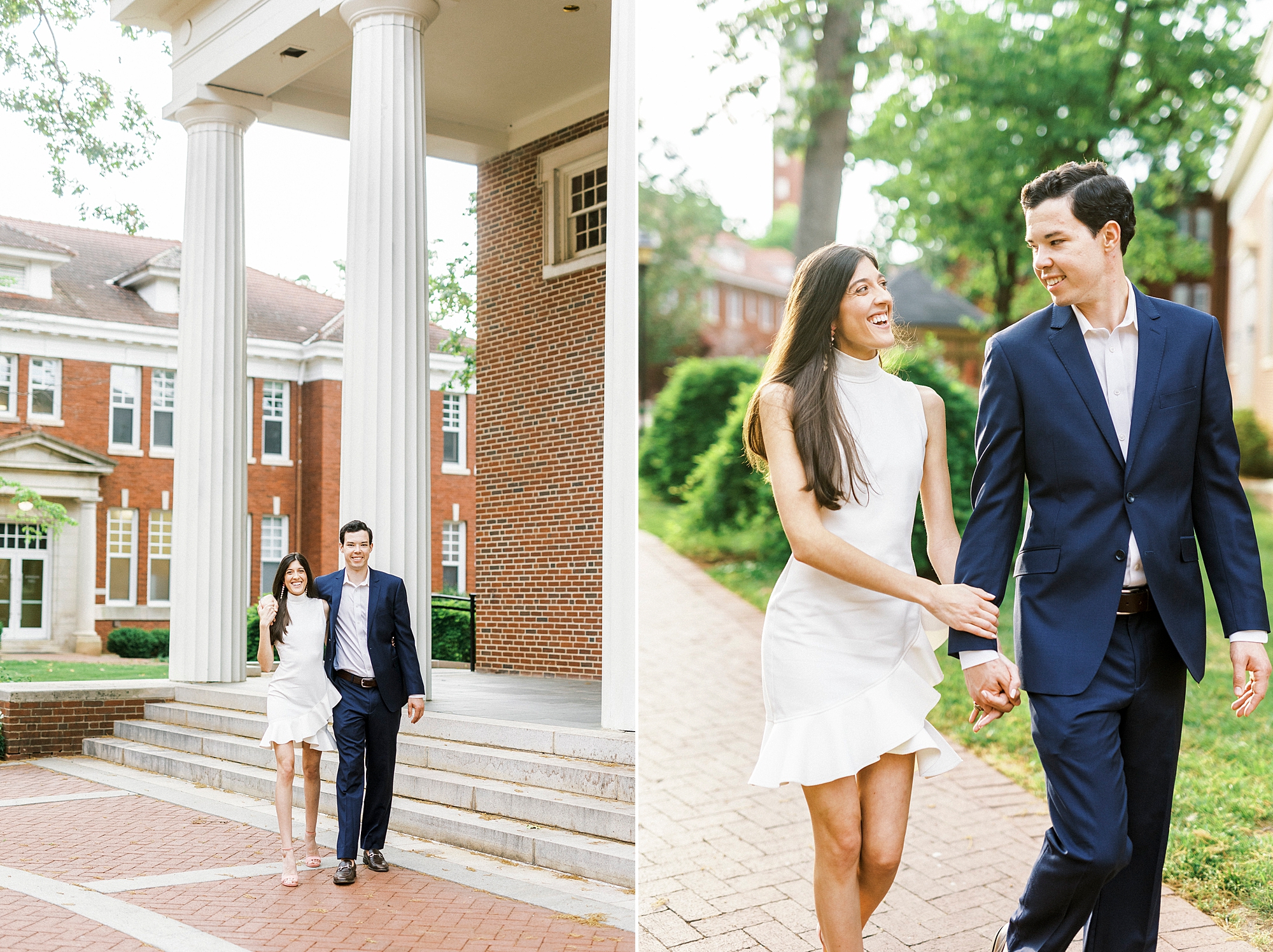 engaged couple holds hands walking outside building at Queens University