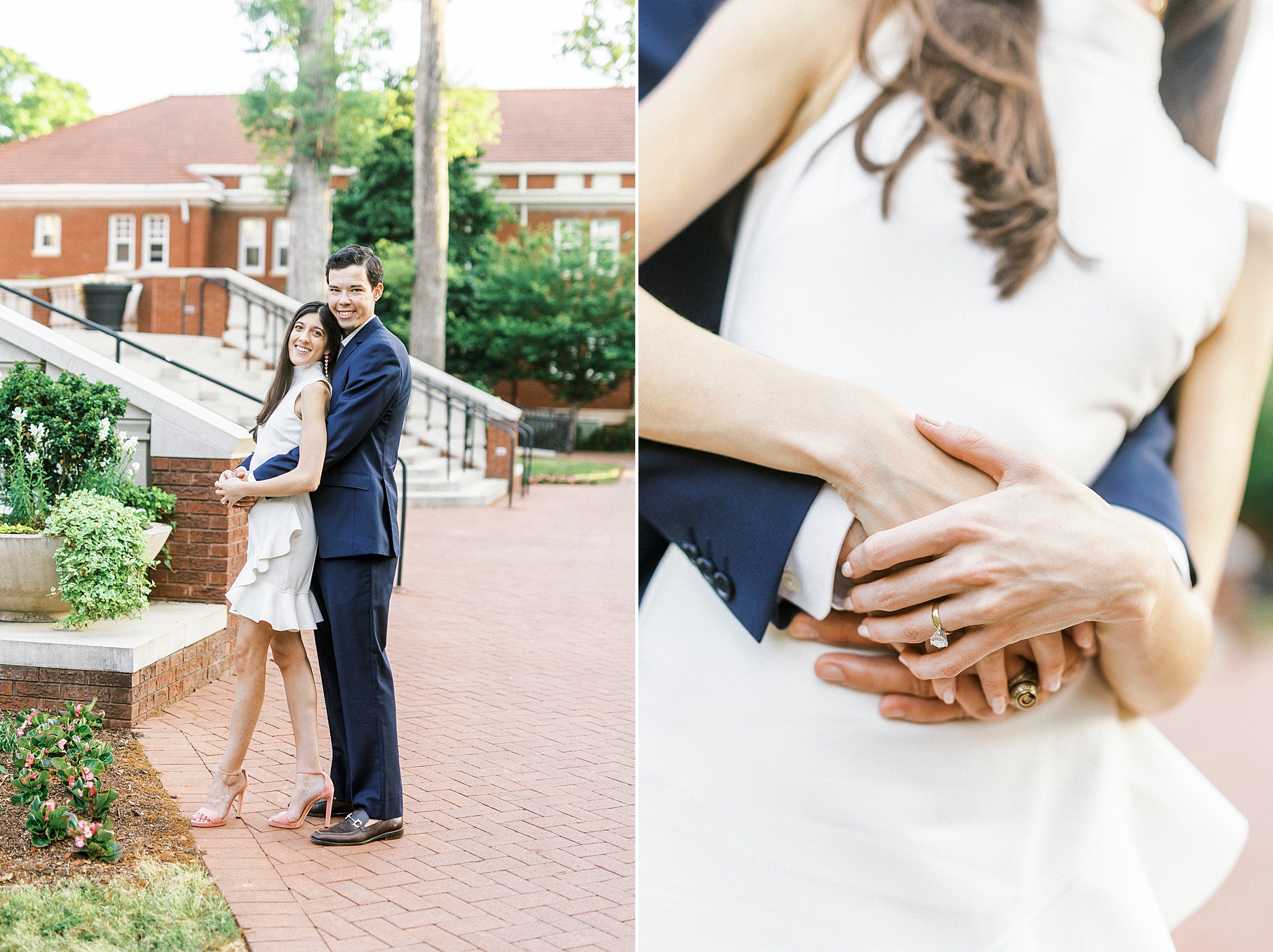groom hugs bride from behind layering their hands on her stomach