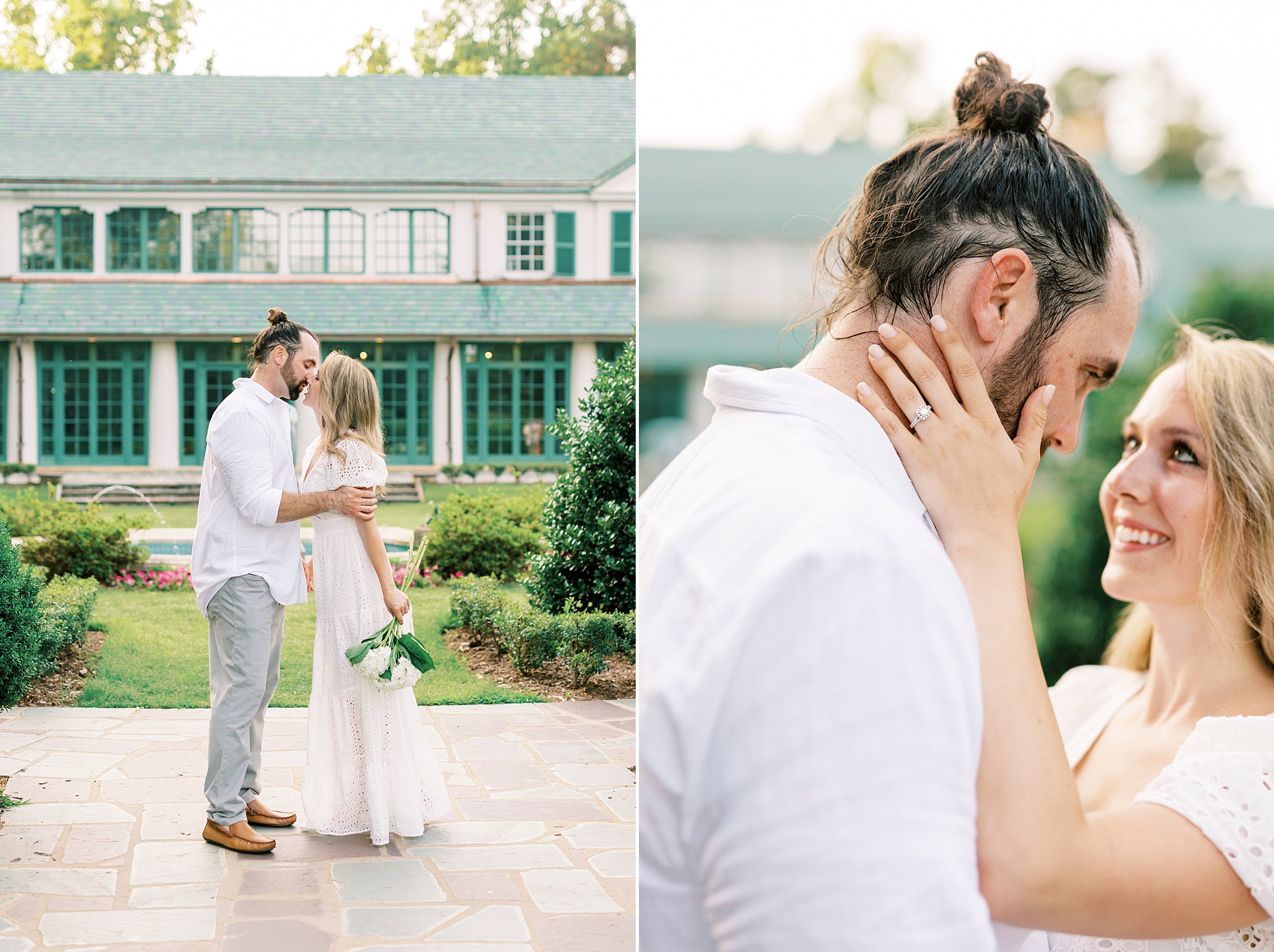 engaged couple kisses outside house of Reynolda Gardens