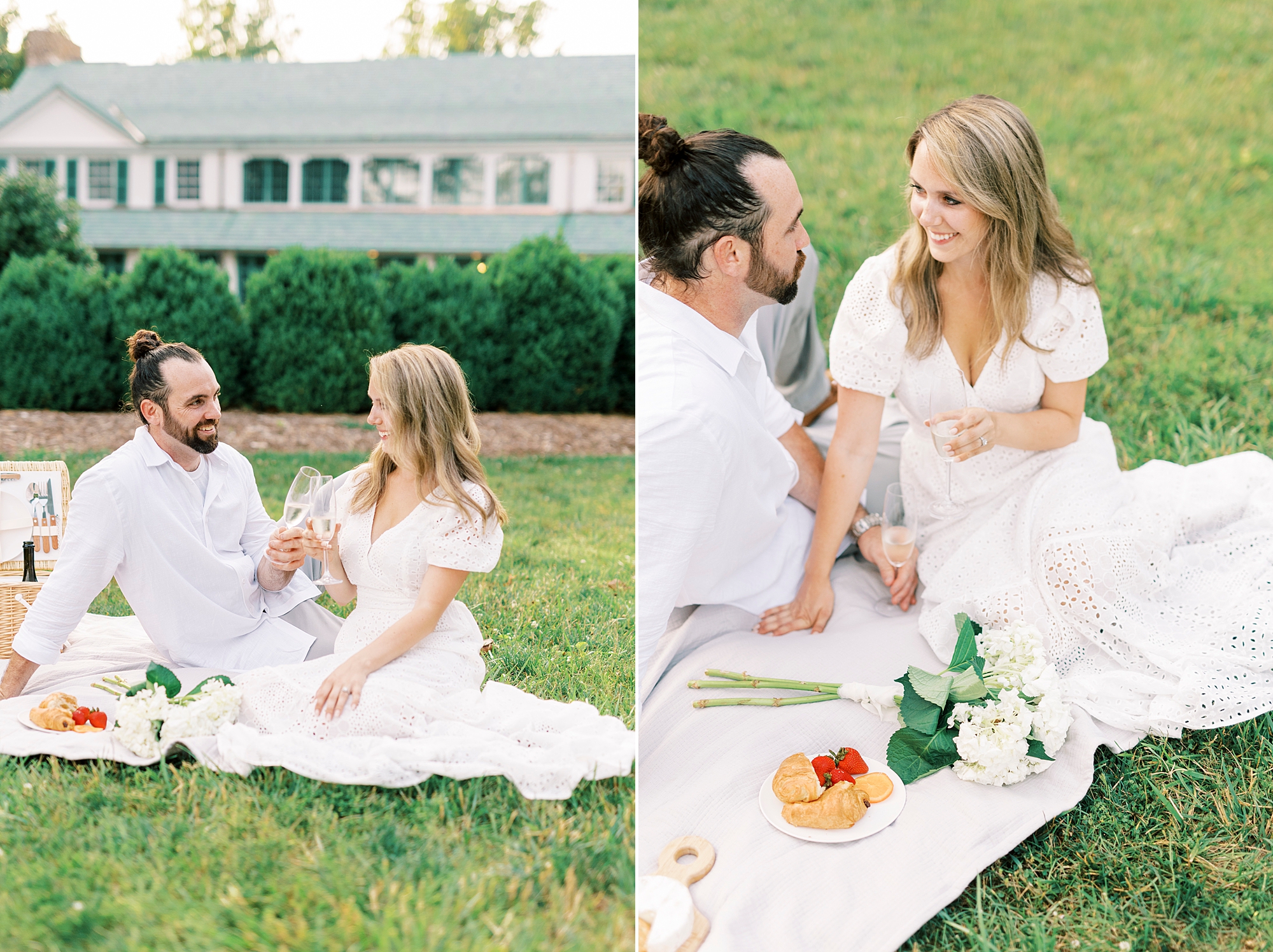 engaged couple has picnic on lawn of Reynolda Gardens