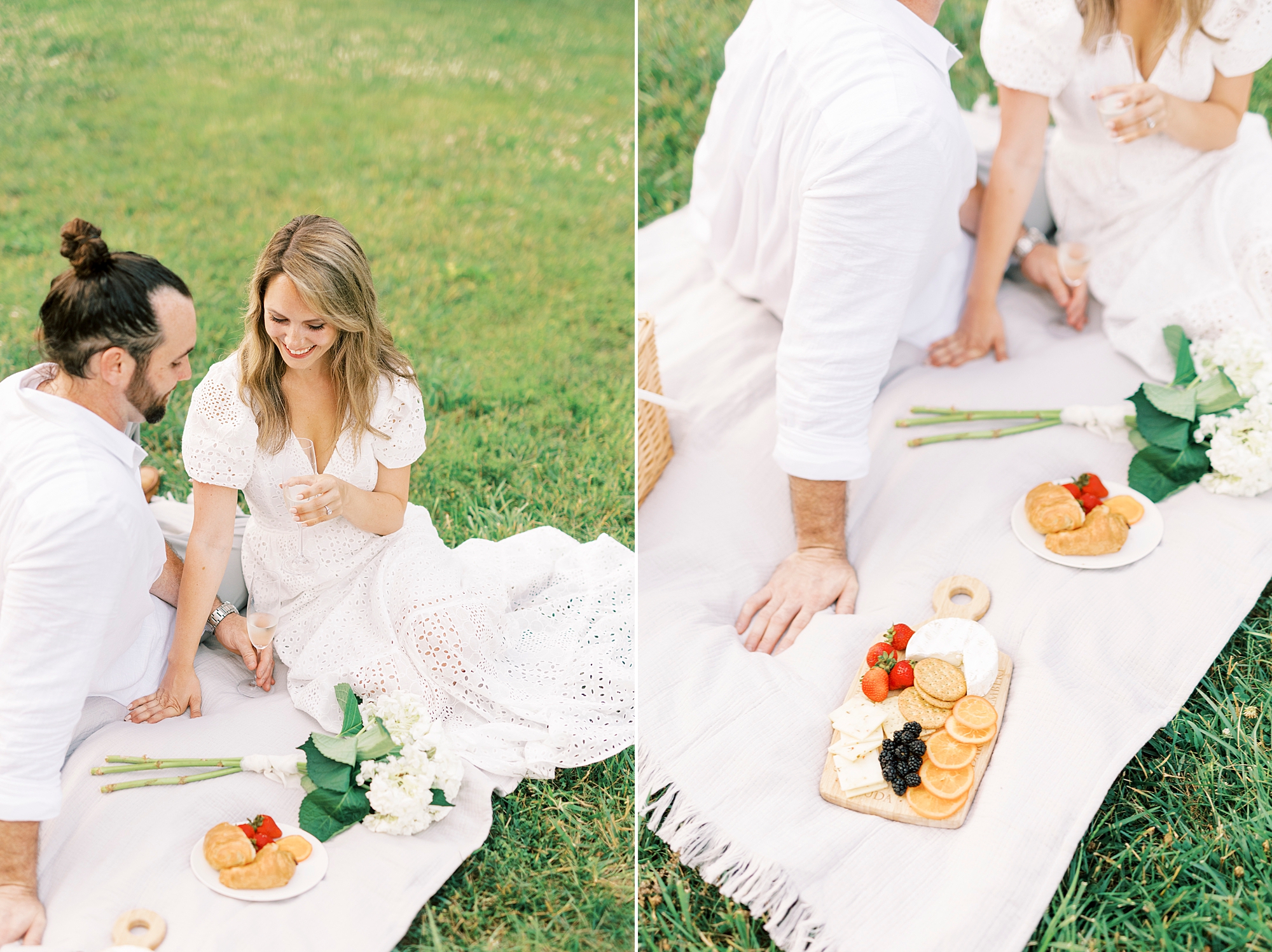 bride and groom enjoy picnic on lawn of Reynolda Gardens