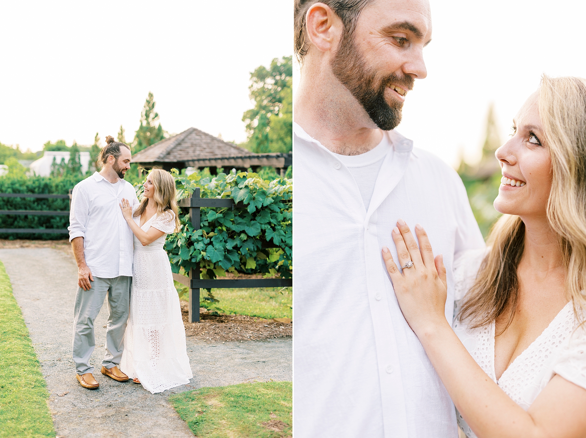 groom looks down at bride holding hand to chest 