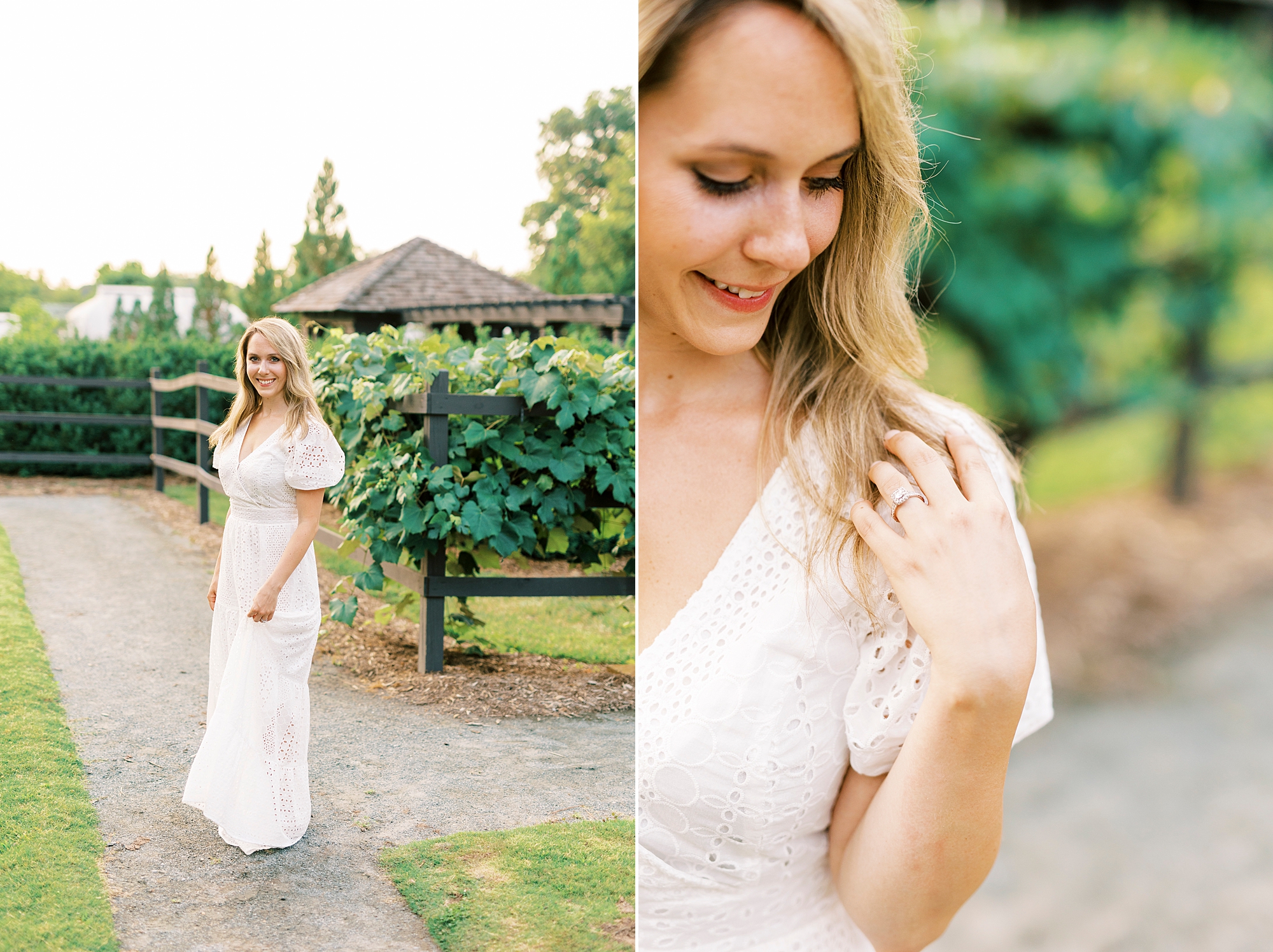 bride shows off engagement ring on shoulder at Reynolda Gardens
