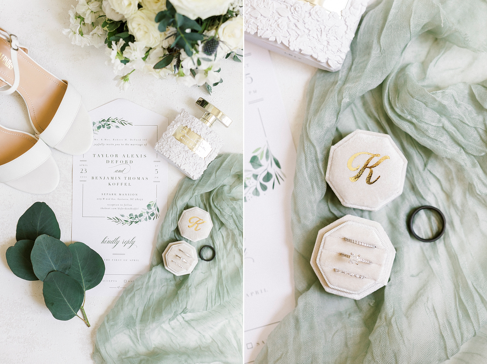 wedding rings lay on green fabric before spring wedding