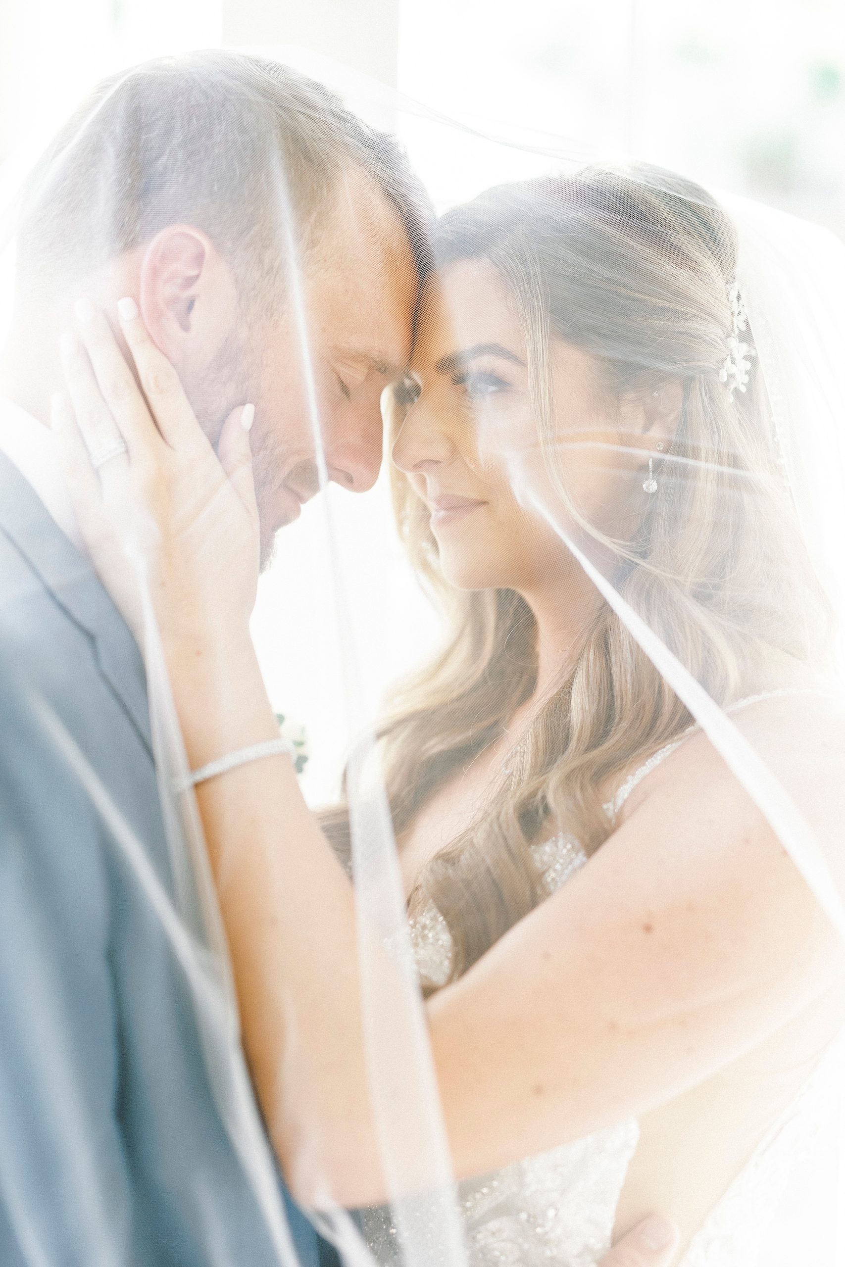 bride and groom nuzzle noses under veil