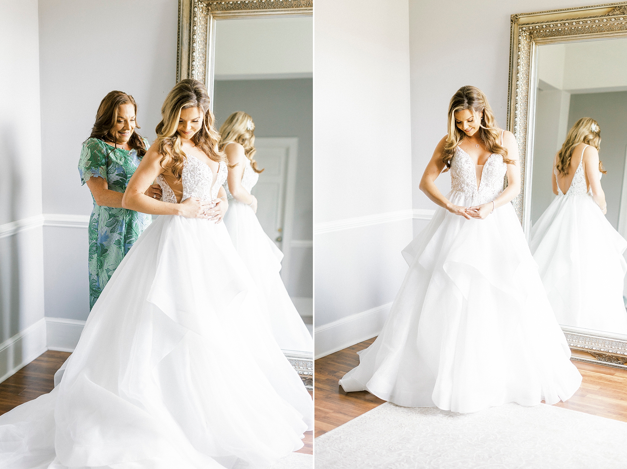mother helps bride into wedding gown for spring Separk Mansion wedding day
