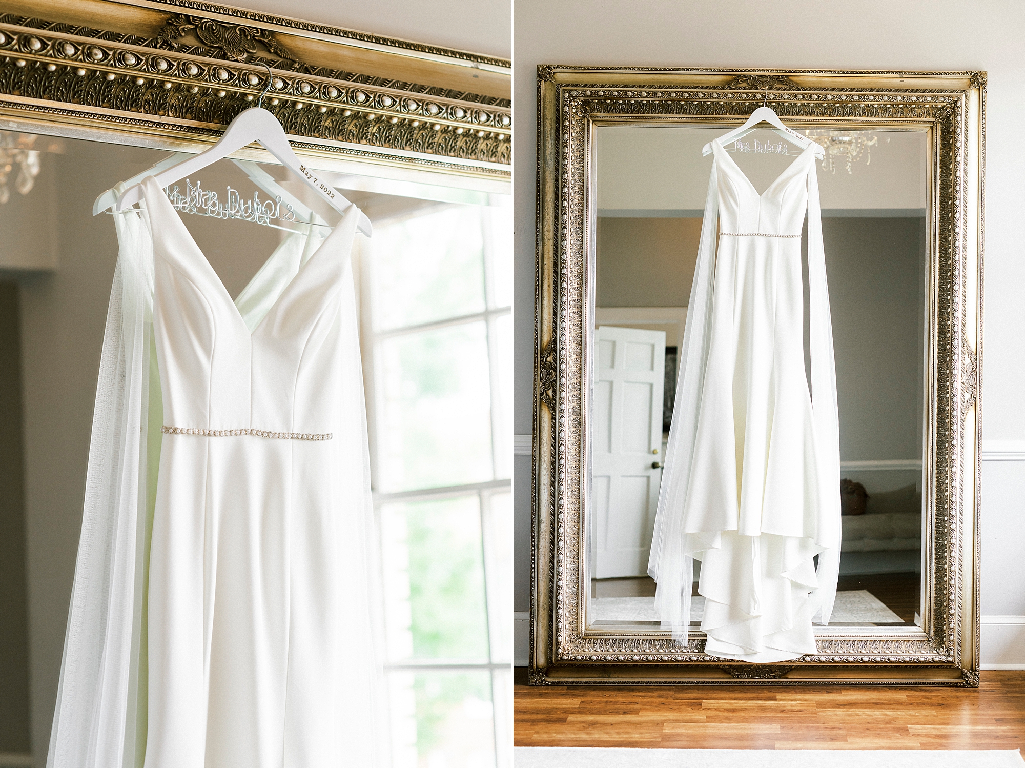 wedding dress hangs on gold mirror at Separk Mansion