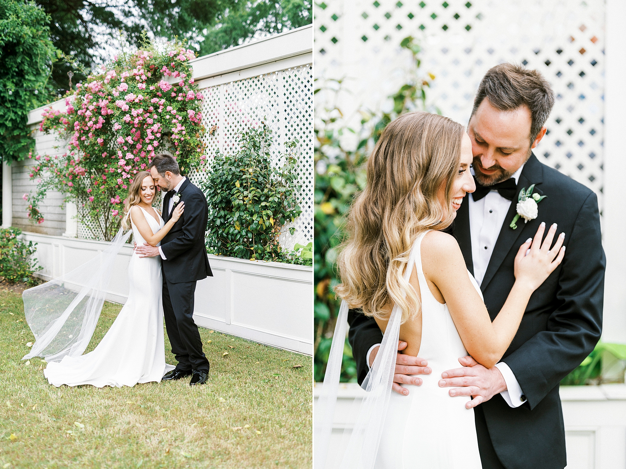 bride and groom hug in gardens of Separk Mansion