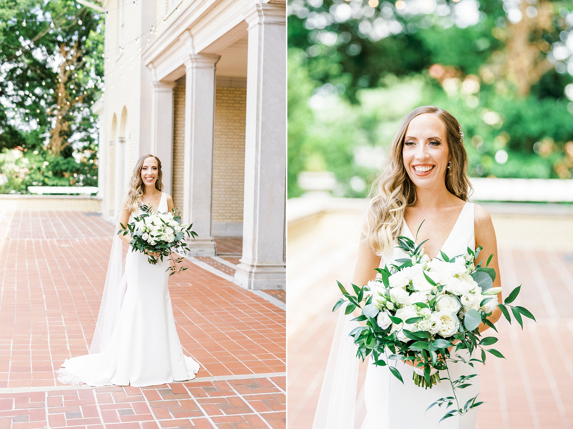 bride stands in dress with wings outside on the patio of Separk Mansion