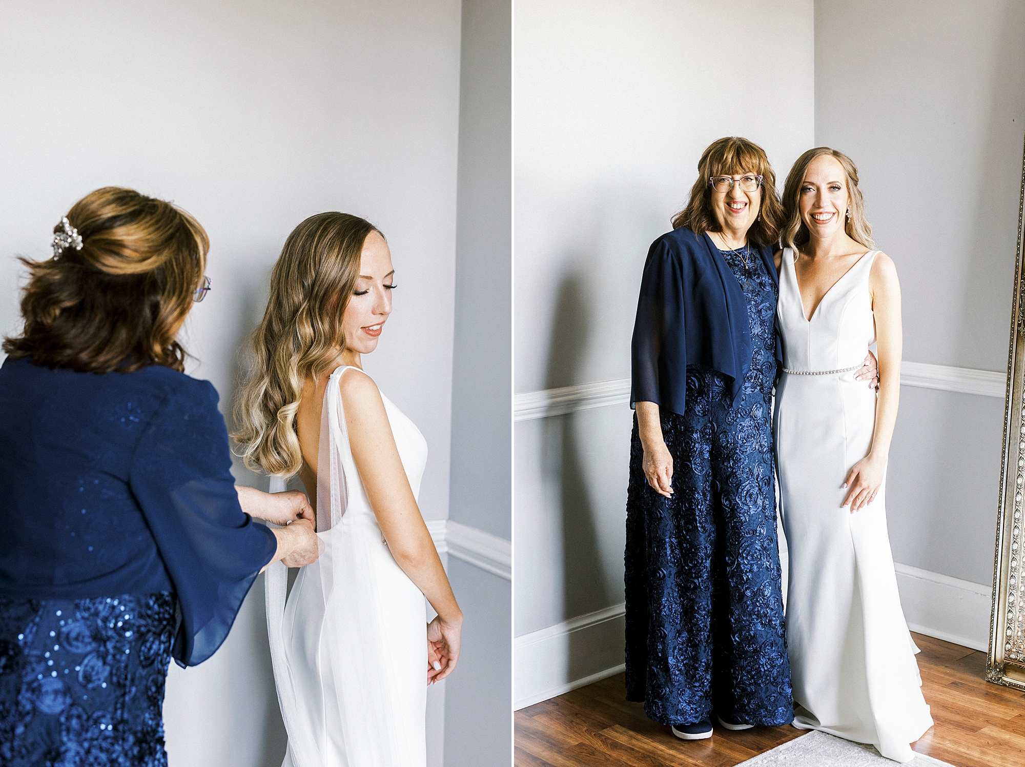 mother helps bride into wedding gown for NC celebration