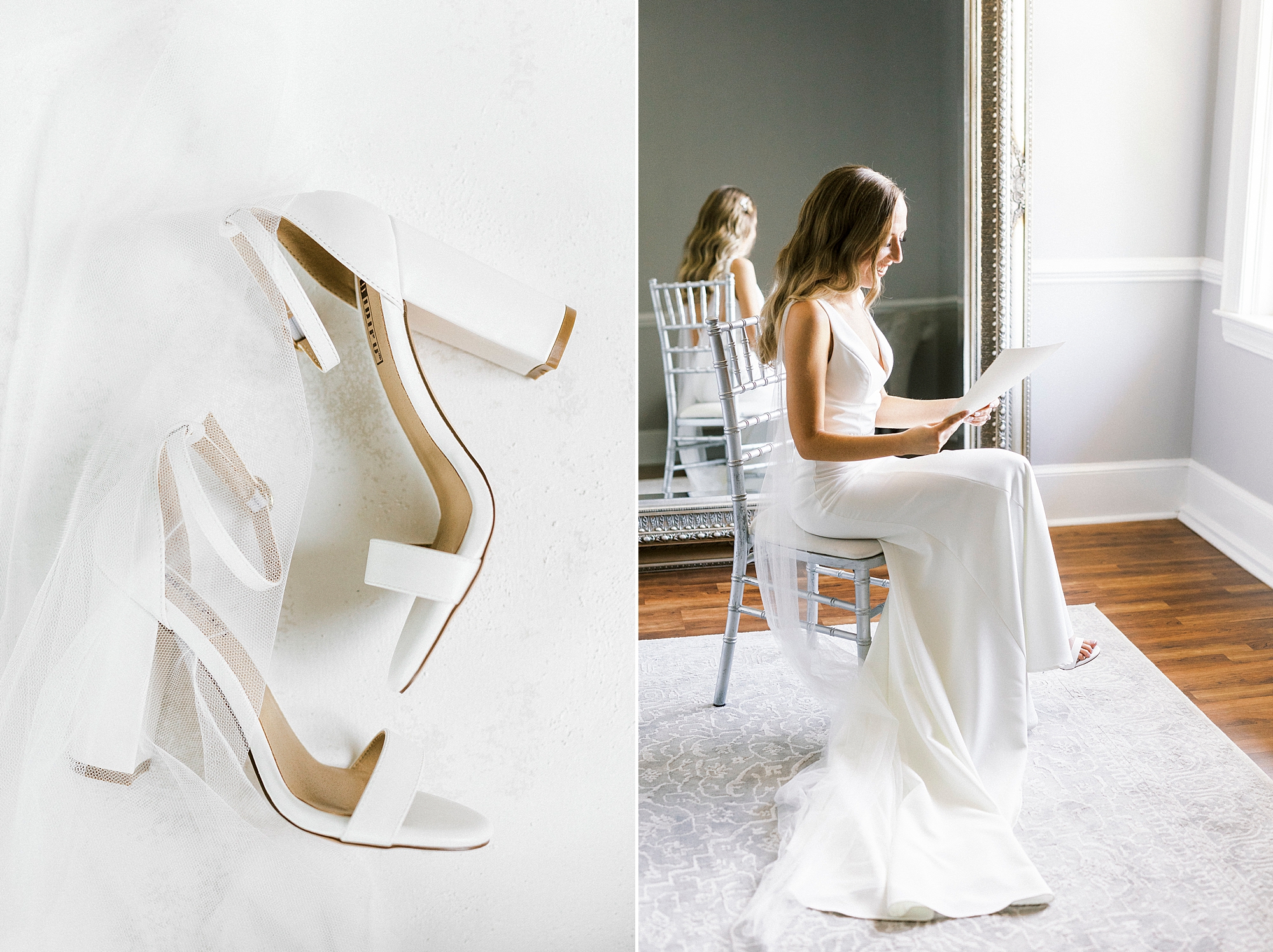 bride sits reading letter before NC wedding at Separk Mansion