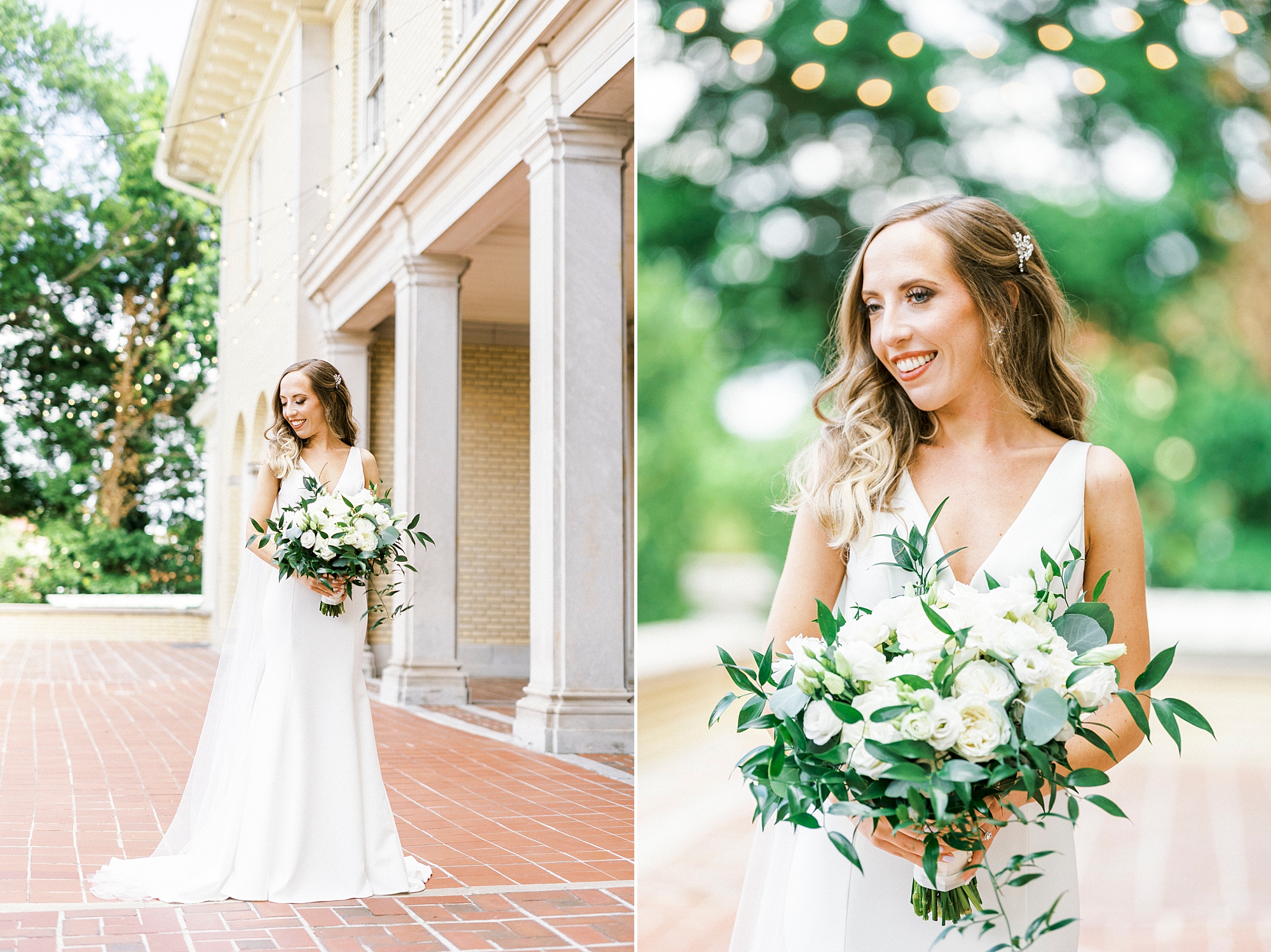 bride smiles over shoulder at Ivory rose wedding bouquet
