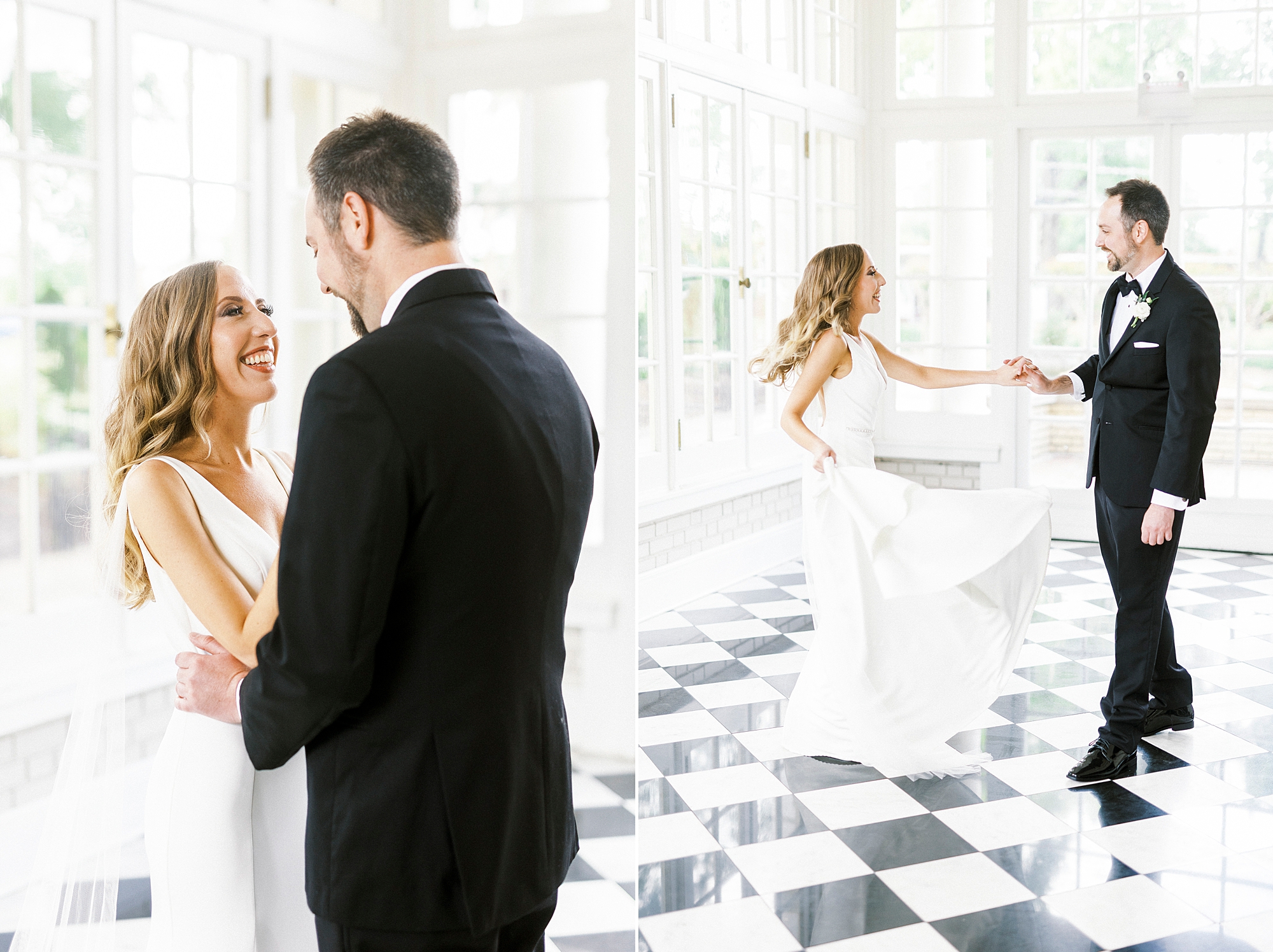bride smiles up at groom during first look at Separk Mansion