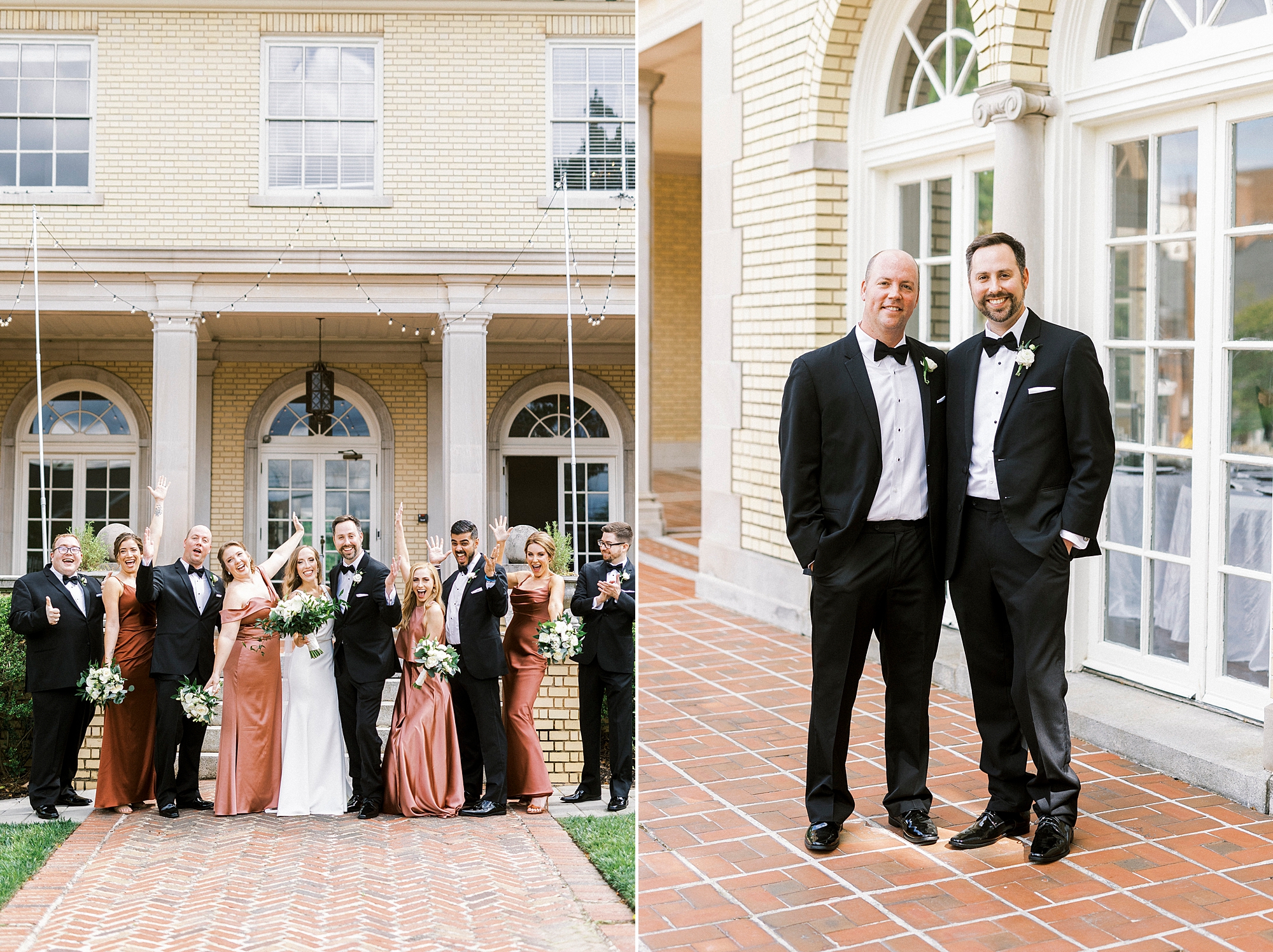 wedding party in copper and black hug bride and groom