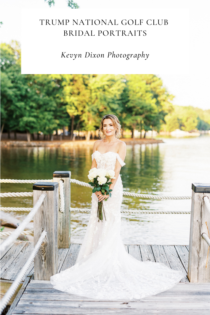 Trump National Golf Club bridal portraits at sunset with corseted wedding gown photographed by NC wedding photographer Kevyn Dixon
