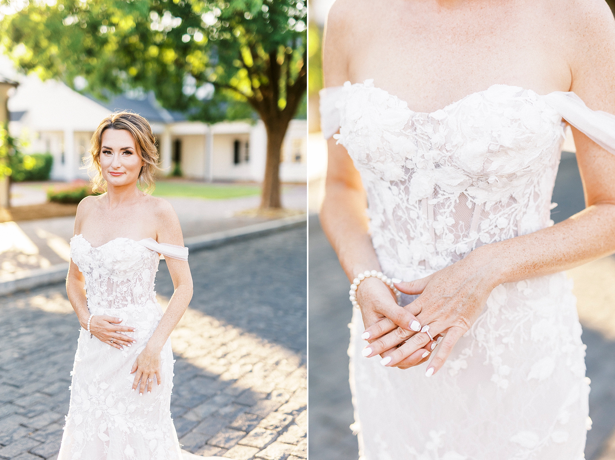 bride moves wedding ring near corset bodice of gown