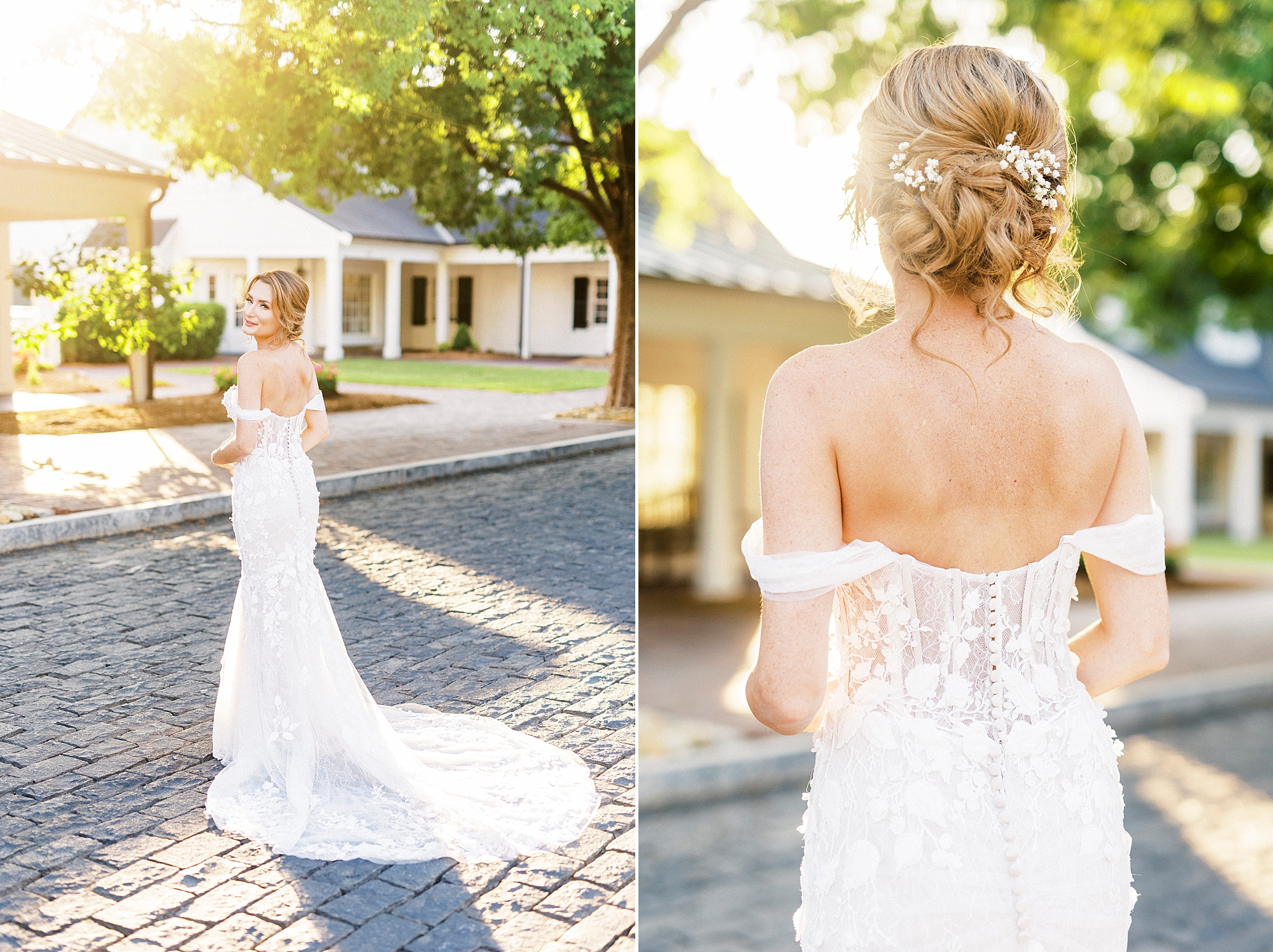 bride smiles over shoulder during bridal portraits in North Carolina