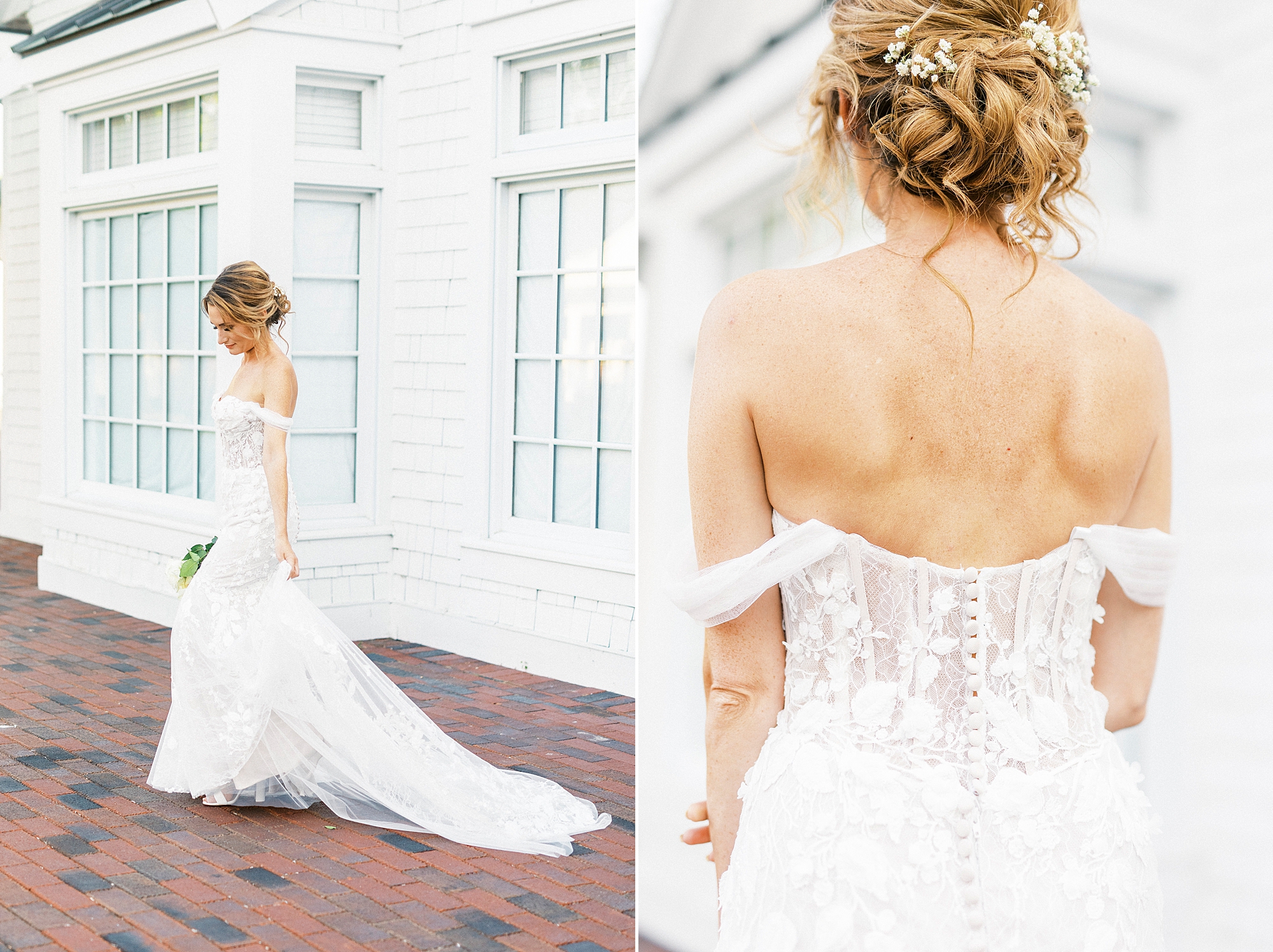 back of wedding dress with corset bodice photographed during Trump National Golf Club bridal portraits