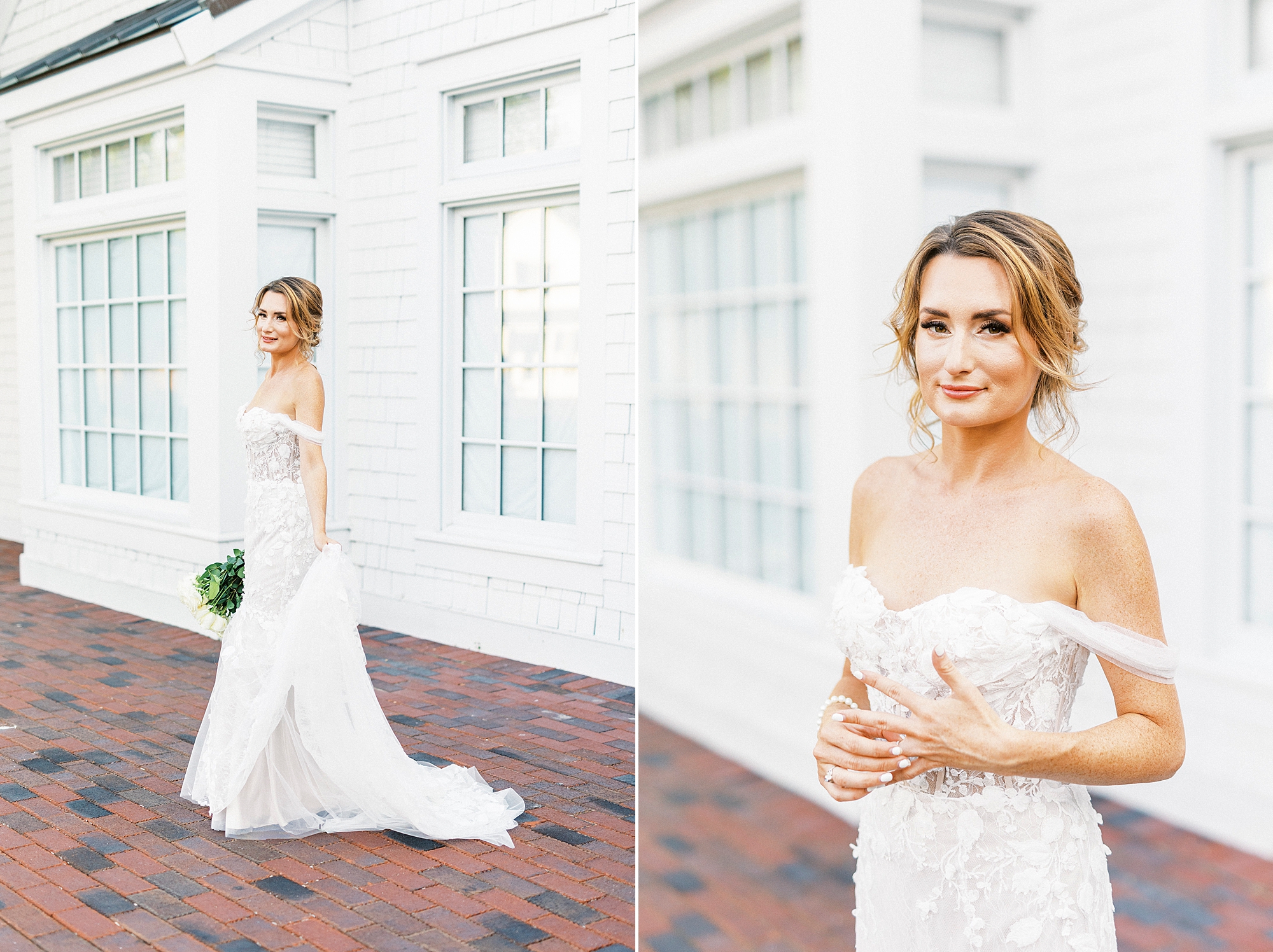 bride smiles walking in strapless gown