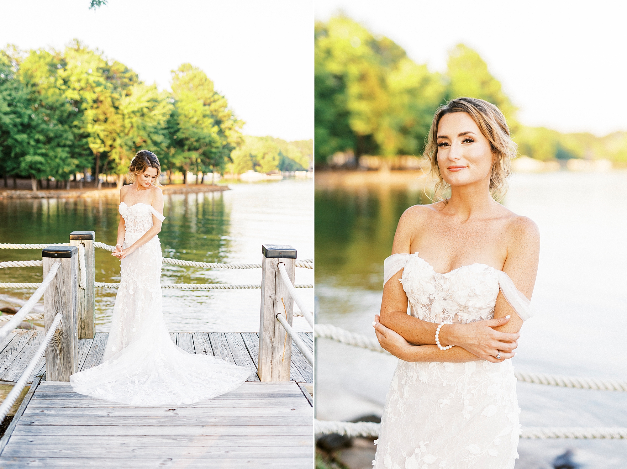 bride stands on wooden dock during portraits at Trump National Golf Club