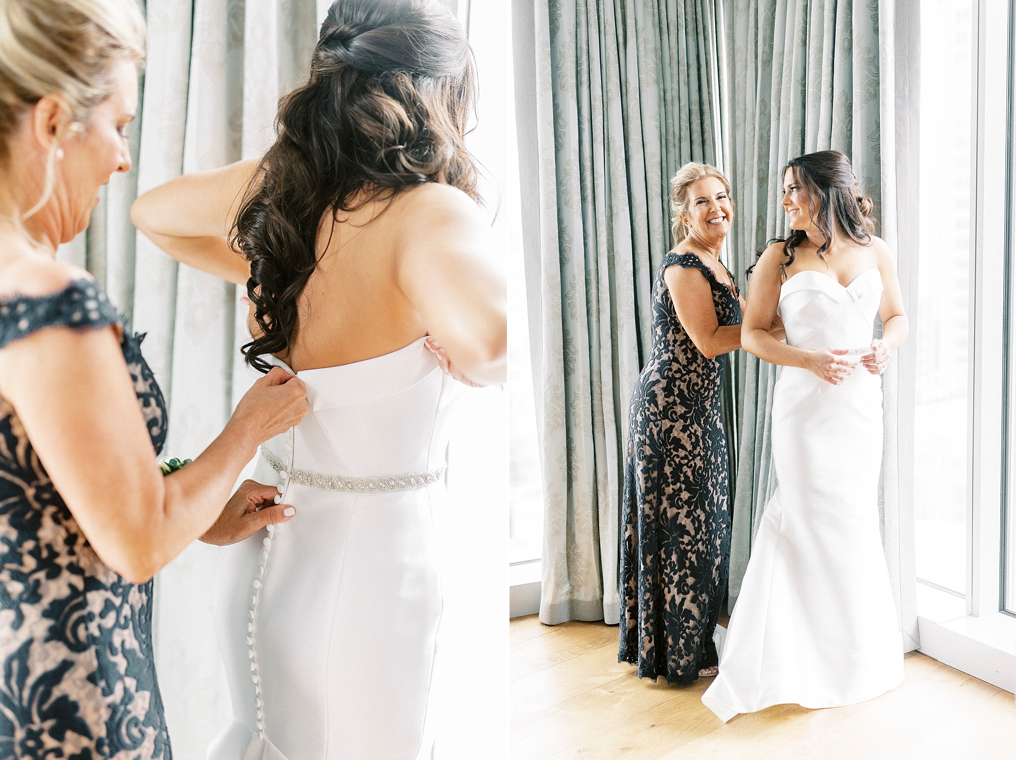 mother helps bride into wedding dress at Kimpton Tyron Park