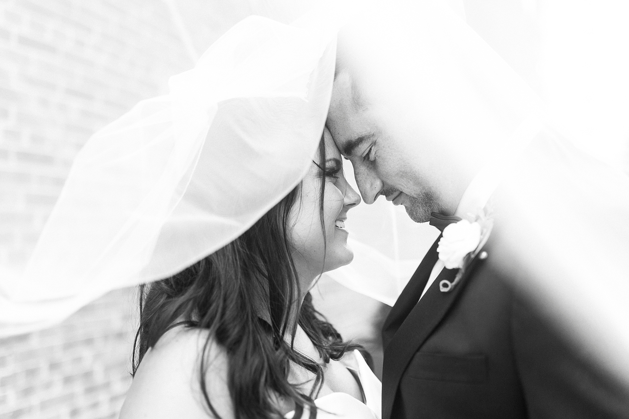 newlyweds pose in alley under veil at Byron's South End