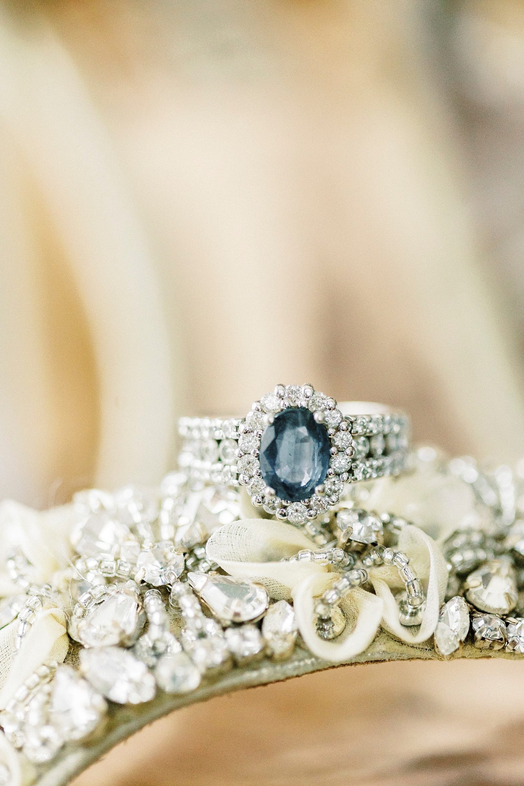 bride's wedding band rests on veil details