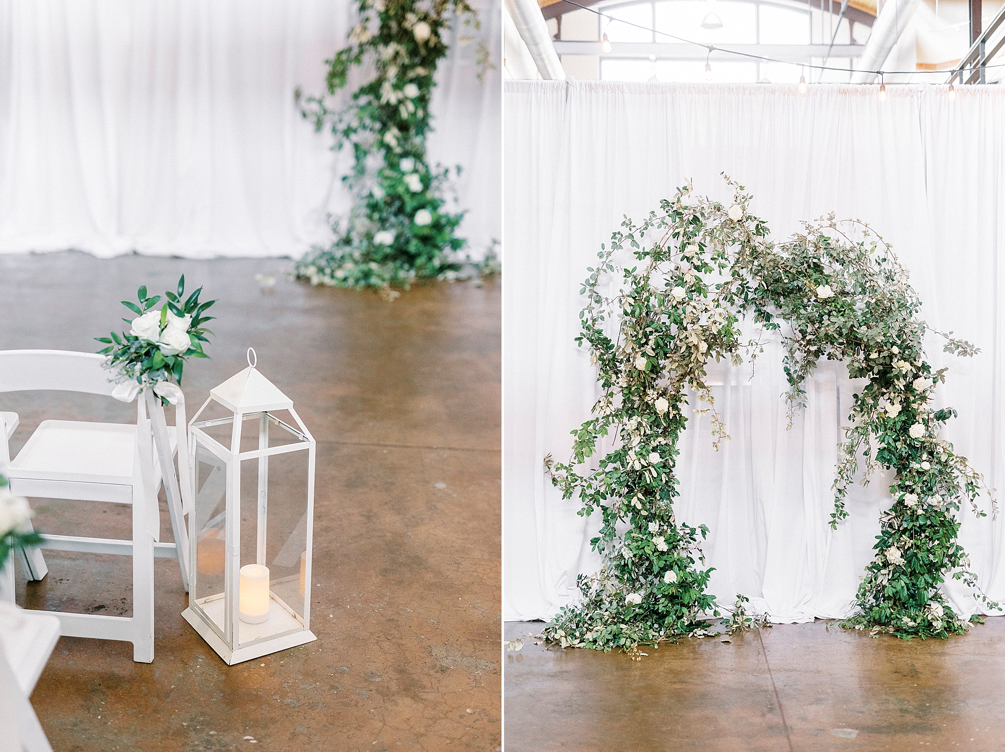 ceremony details with greenery arch at Design Atrium